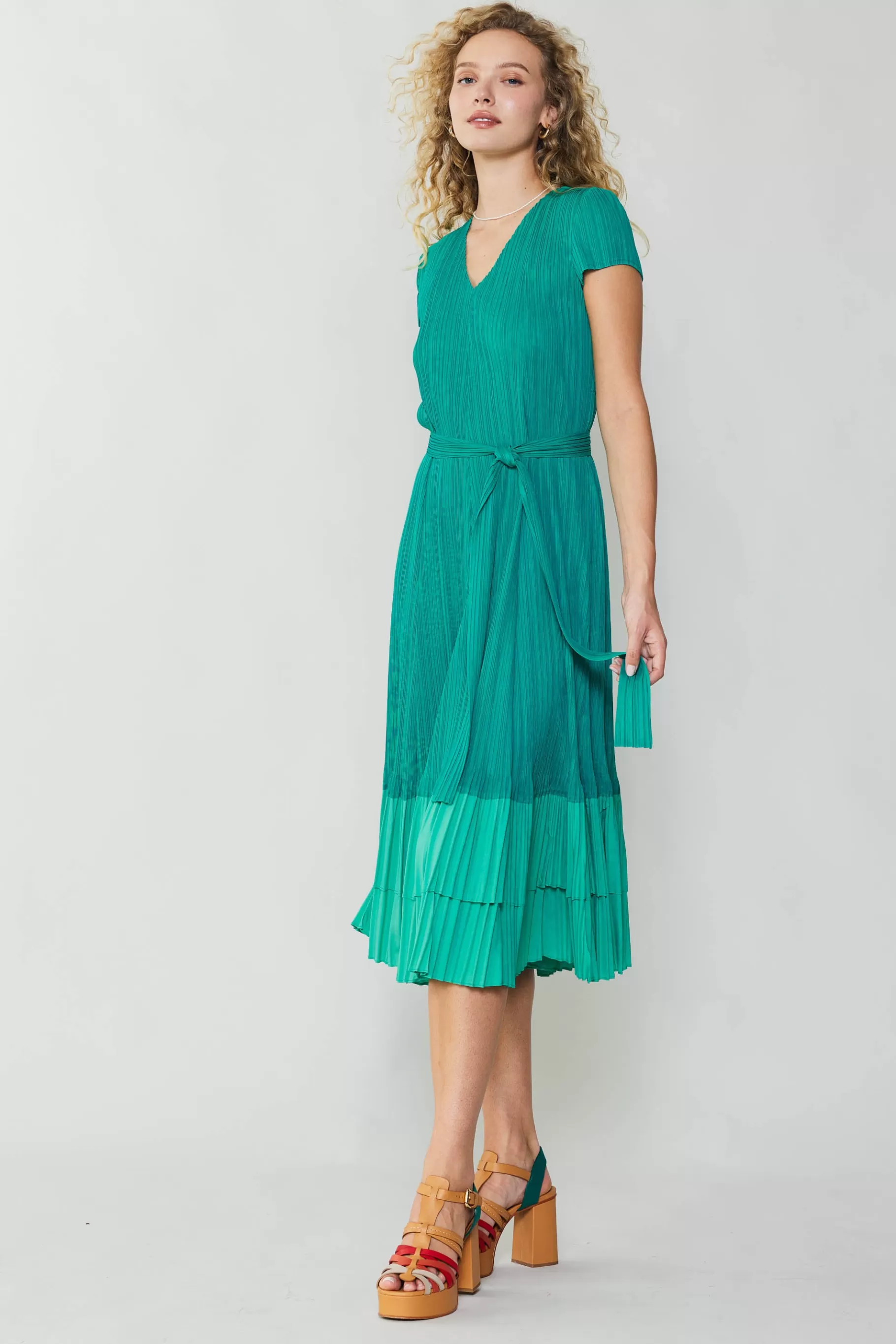 Current Air Midi Dresses>Pleated Colorblock Midi Dress TEAL