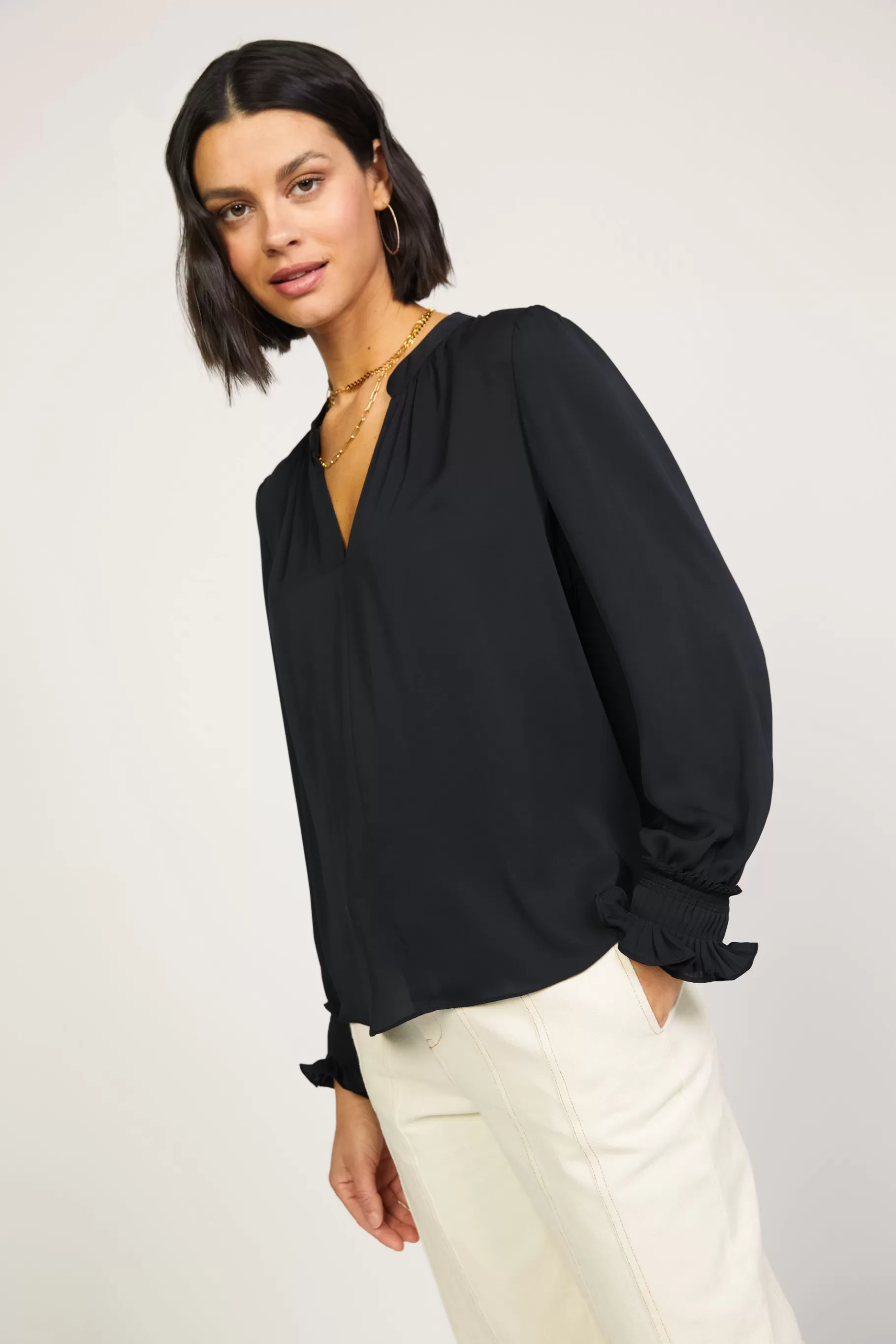 Current Air Long Sleeve Tops>Pleated Cuff Blouse BLACK