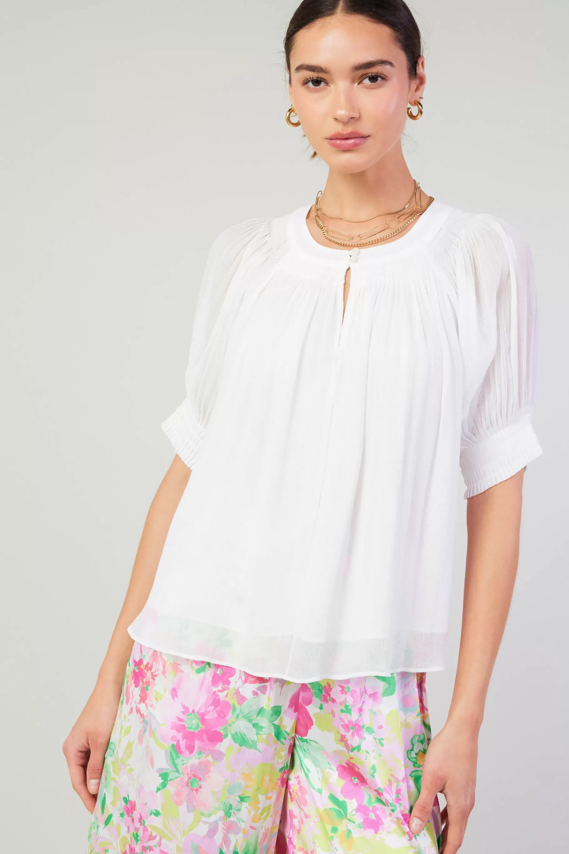Current Air Short Sleeve Tops>Pleated Cuff Blouse WHITE