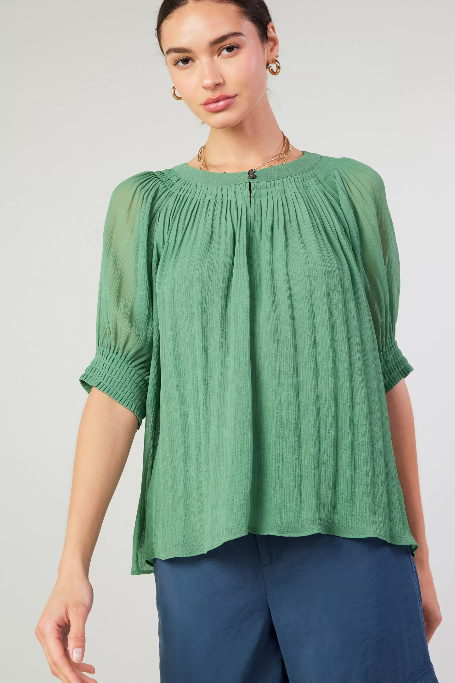 Current Air Short Sleeve Tops>Pleated Cuff Blouse LEAFGREEN
