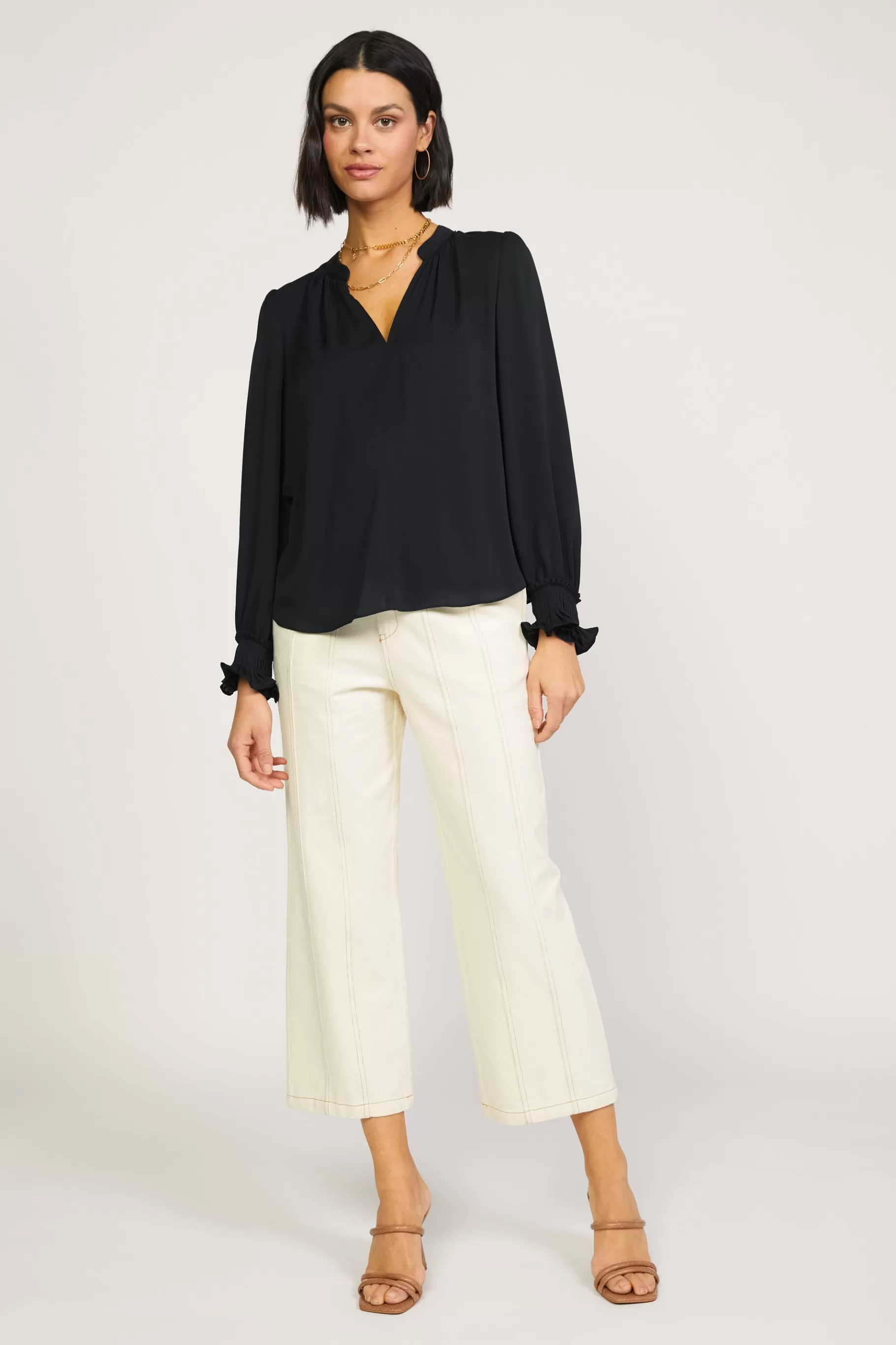 Current Air Long Sleeve Tops>Pleated Cuff Blouse BLACK