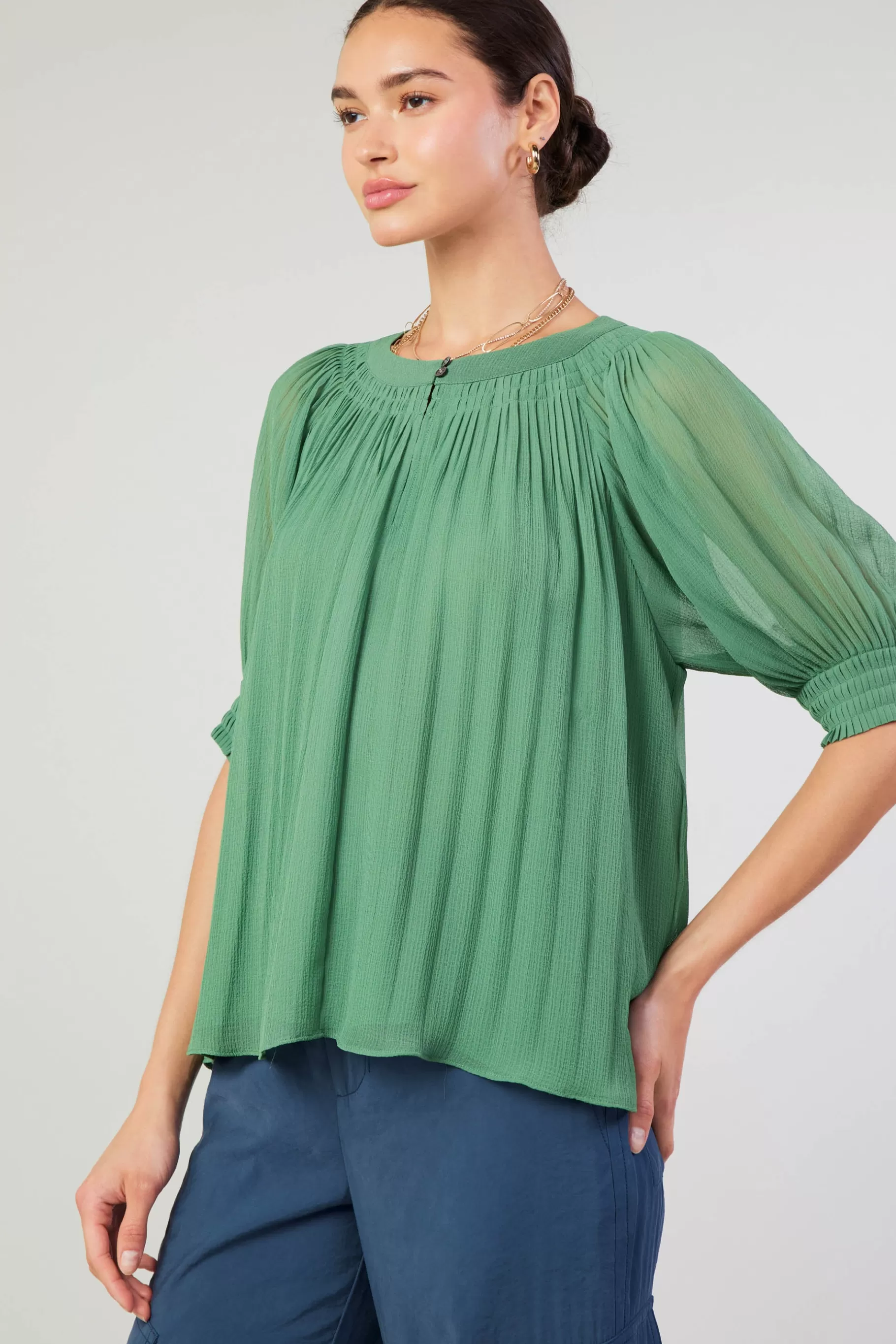 Current Air Short Sleeve Tops>Pleated Cuff Blouse LEAFGREEN