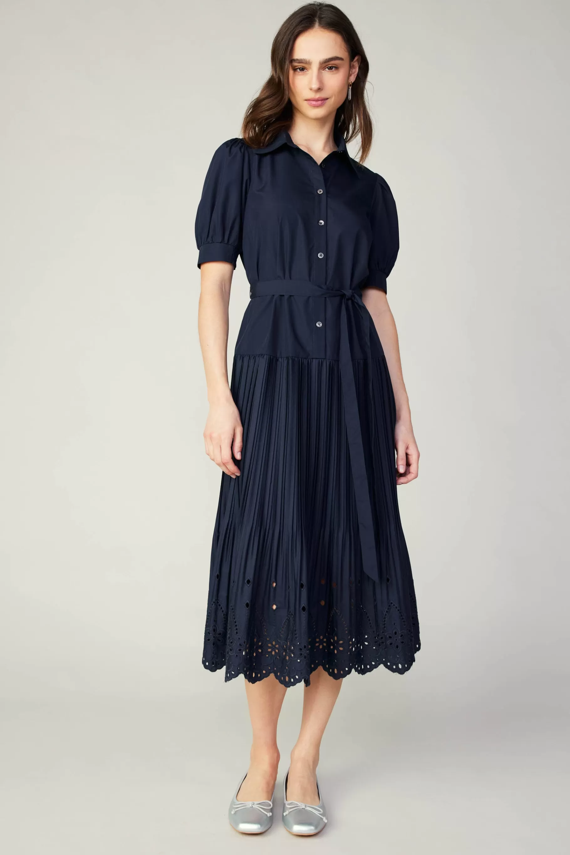 Current Air Midi Dresses>Pleated Eyelet Midi Dress DARKNAVY