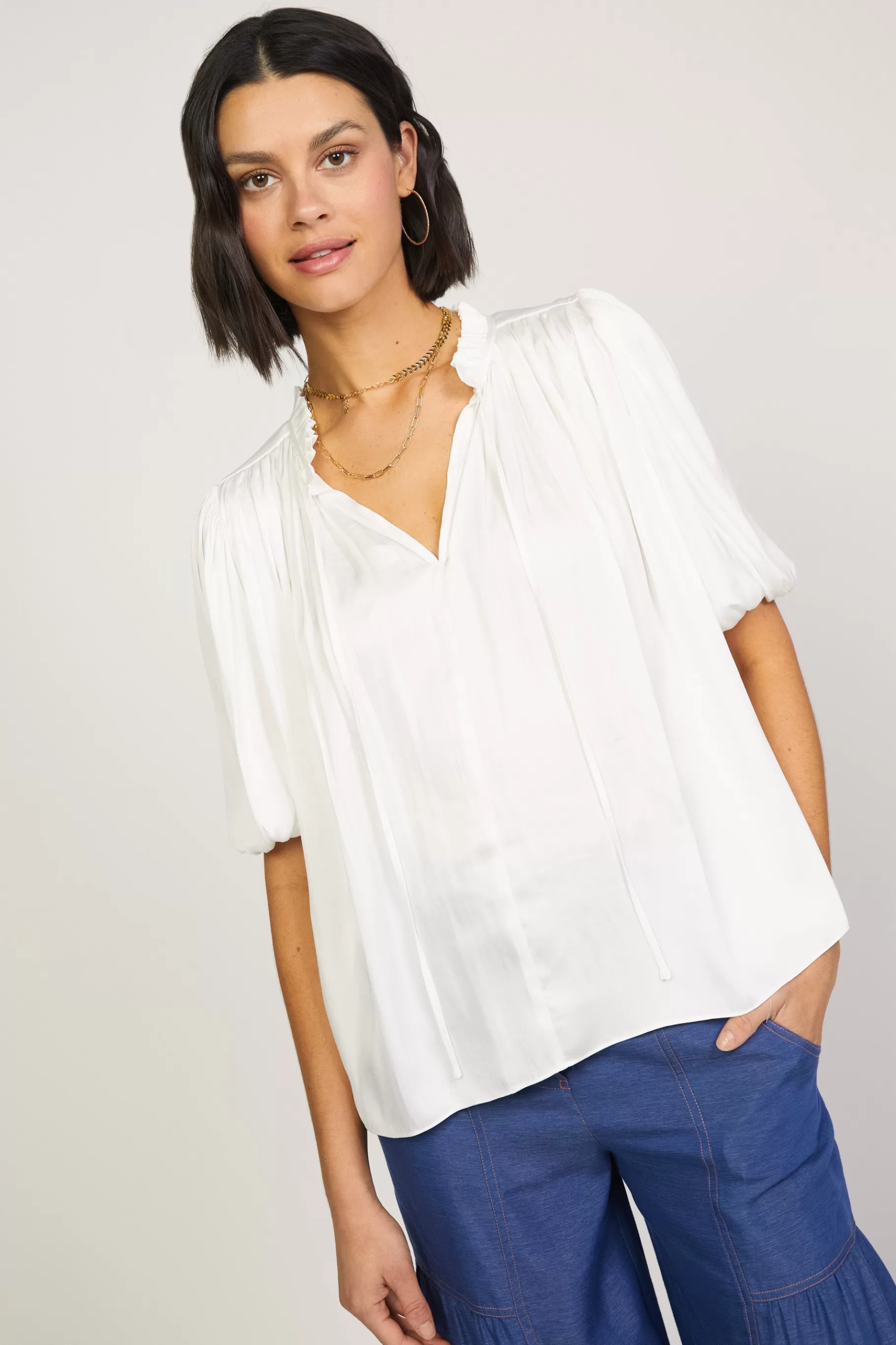 Current Air Short Sleeve Tops>Pleated Puff Sleeve Blouse WHITE