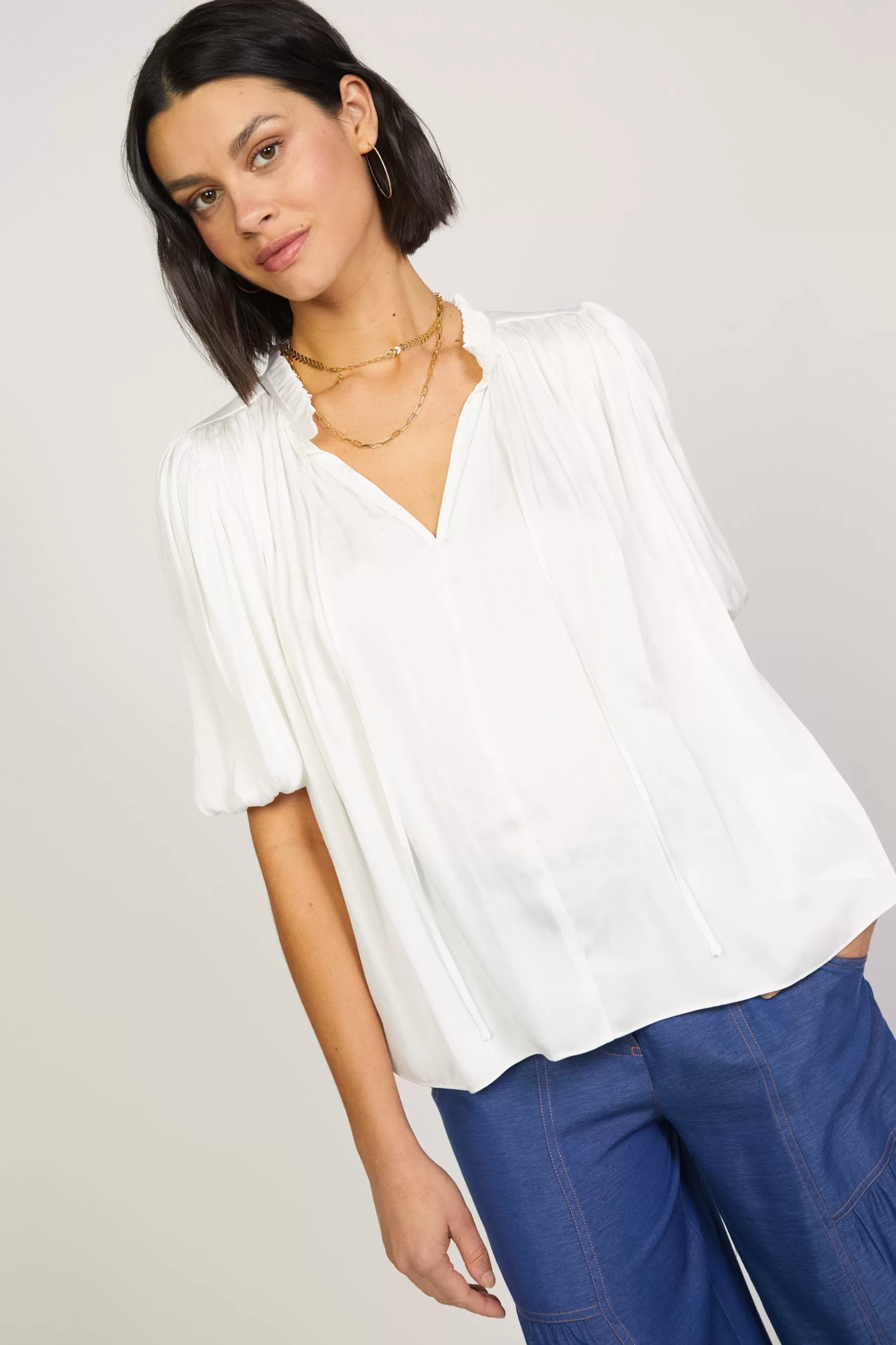 Current Air Short Sleeve Tops>Pleated Puff Sleeve Blouse WHITE