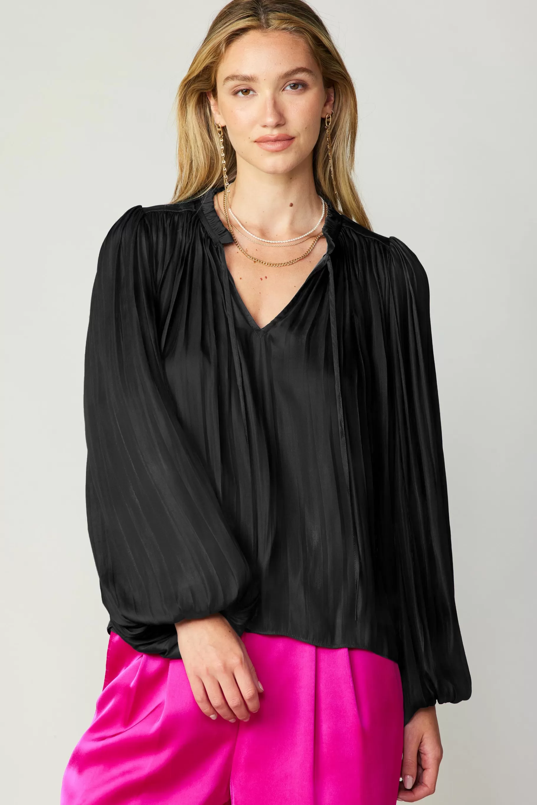 Current Air Long Sleeve Tops>Pleated Puffed Sleeve Blouse BLACK