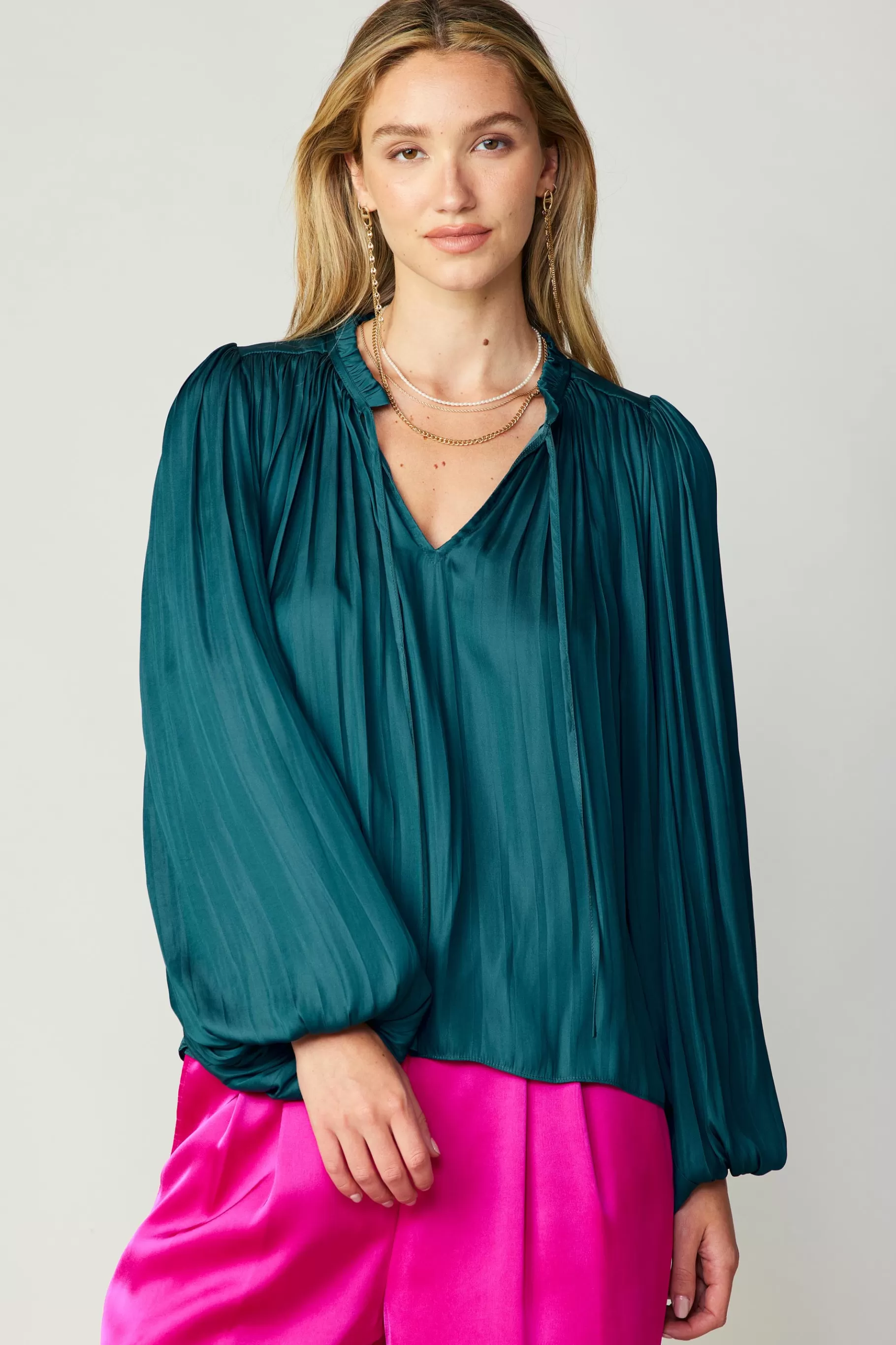 Current Air Long Sleeve Tops>Pleated Puffed Sleeve Blouse DARKTEAL