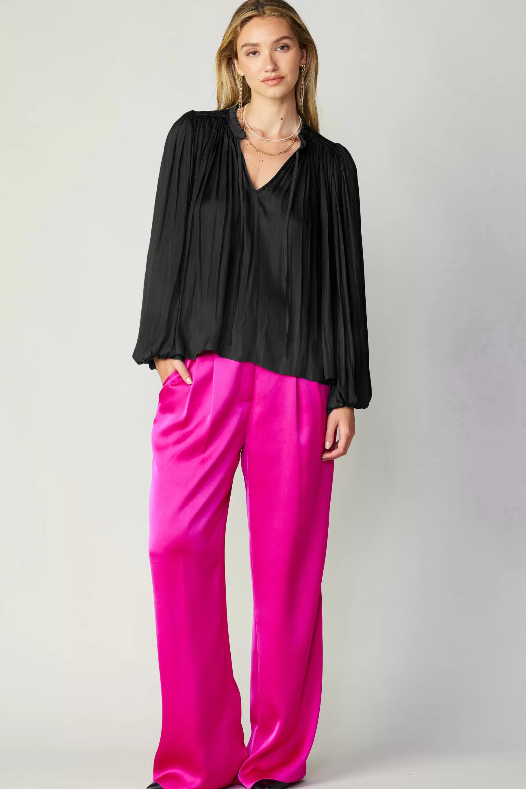Current Air Long Sleeve Tops>Pleated Puffed Sleeve Blouse BLACK