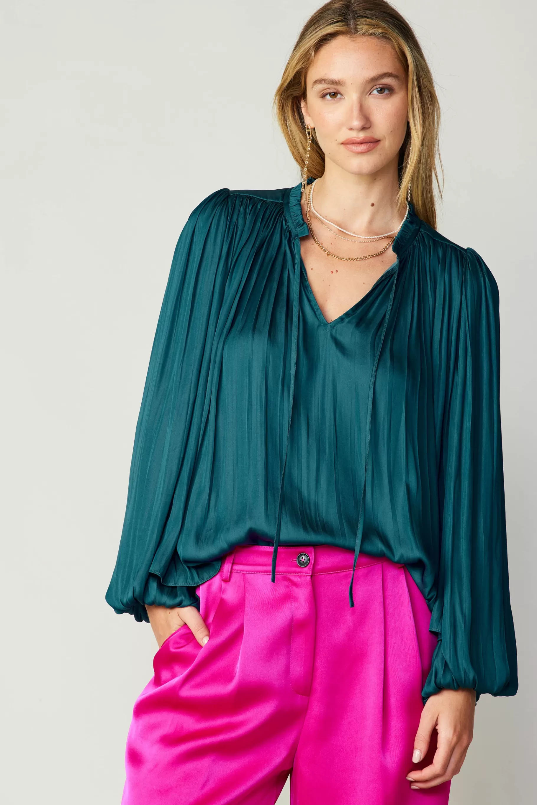 Current Air Long Sleeve Tops>Pleated Puffed Sleeve Blouse DARKTEAL