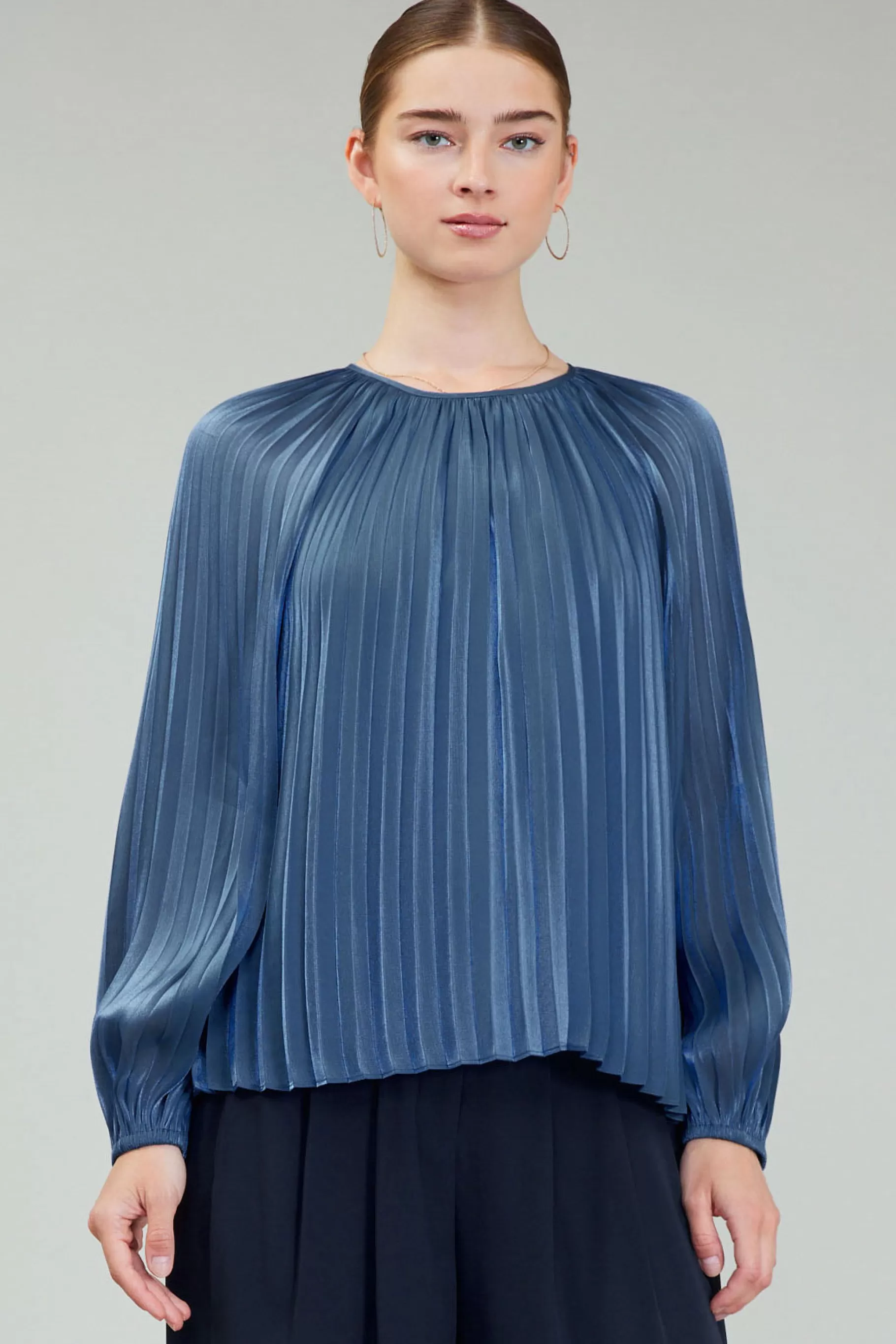 Current Air Long Sleeve Tops>Pleated Shimmery Blouse MIDNIGHTBLUE