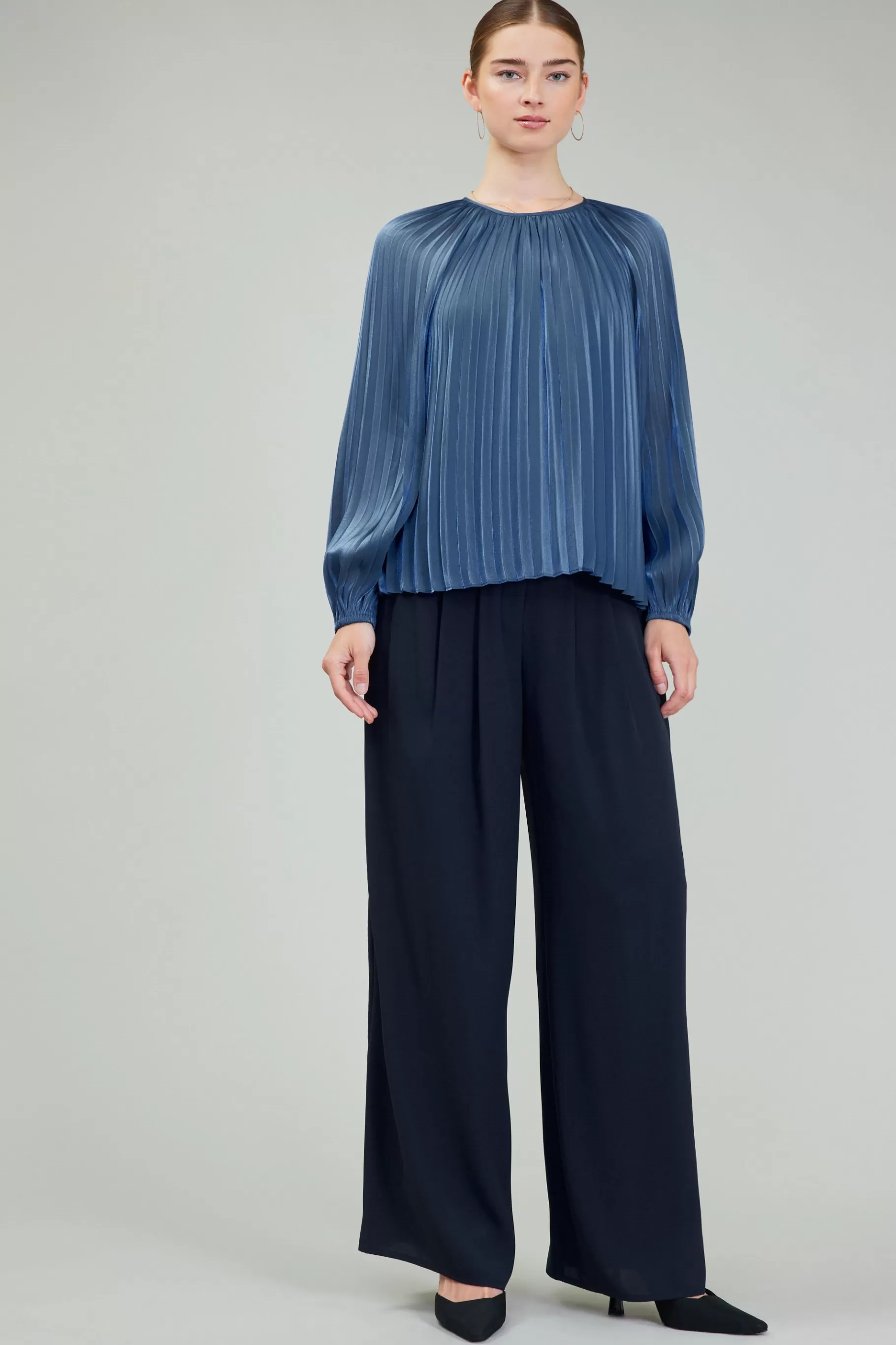 Current Air Long Sleeve Tops>Pleated Shimmery Blouse MIDNIGHTBLUE