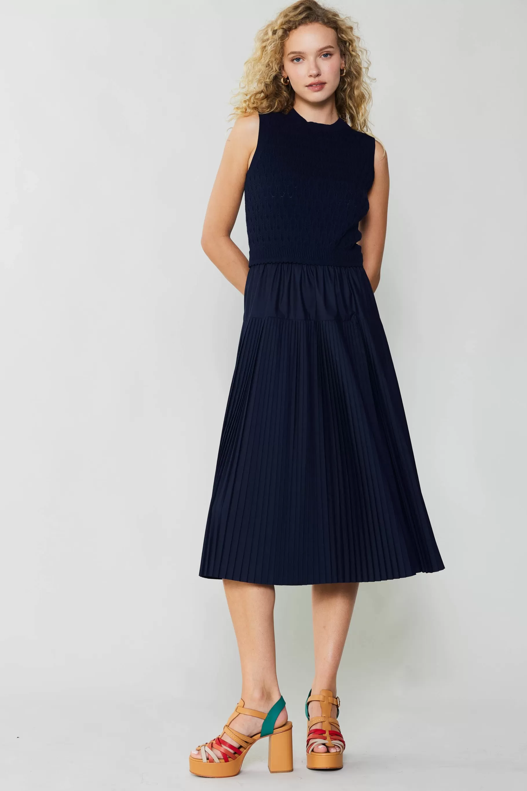 Current Air Knitwear | Midi Dresses>Pleated Skirt Sweater Dress NAVY