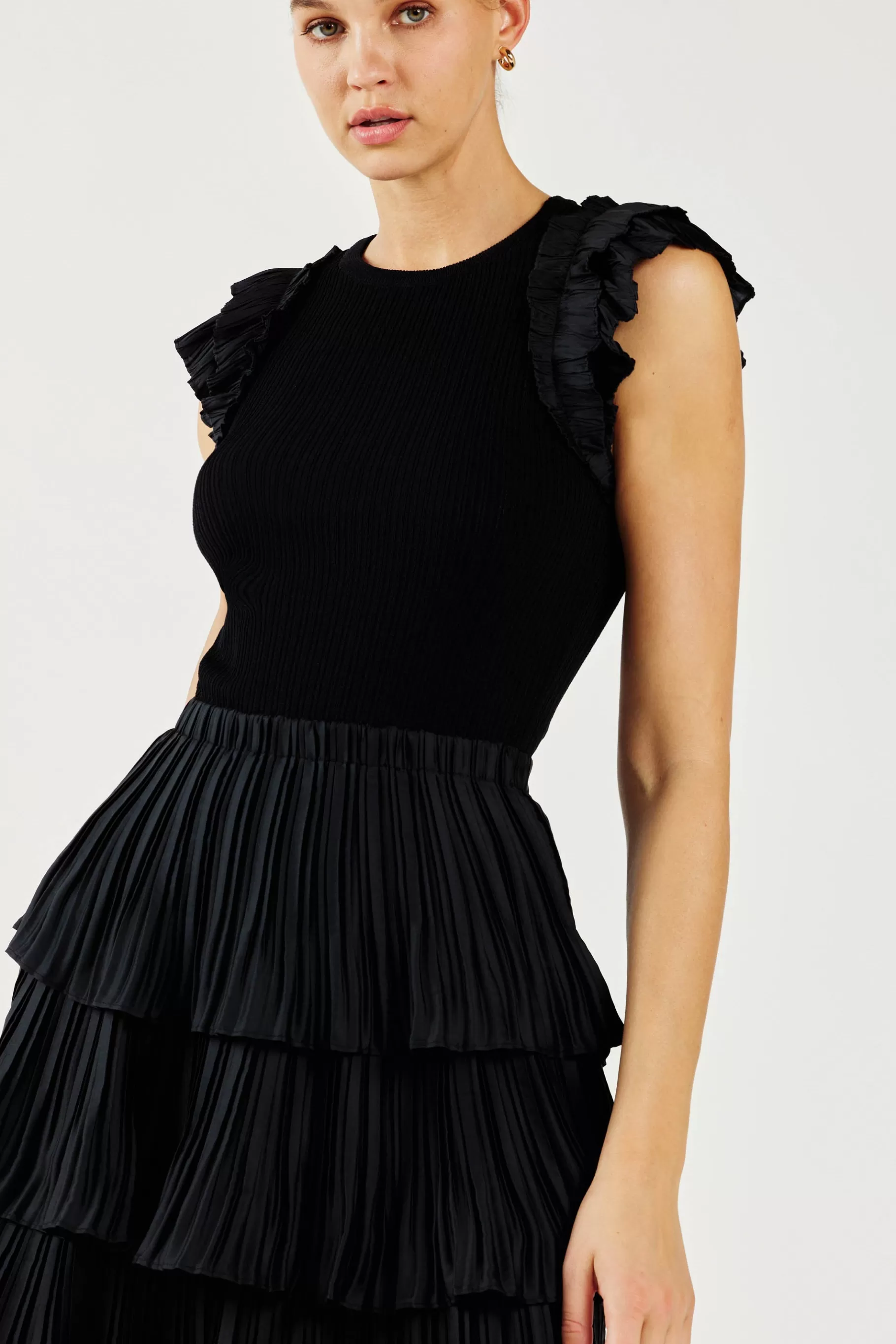 Current Air Knitwear | Mini Dresses>Pleated Skirt Sweater Dress BLACK
