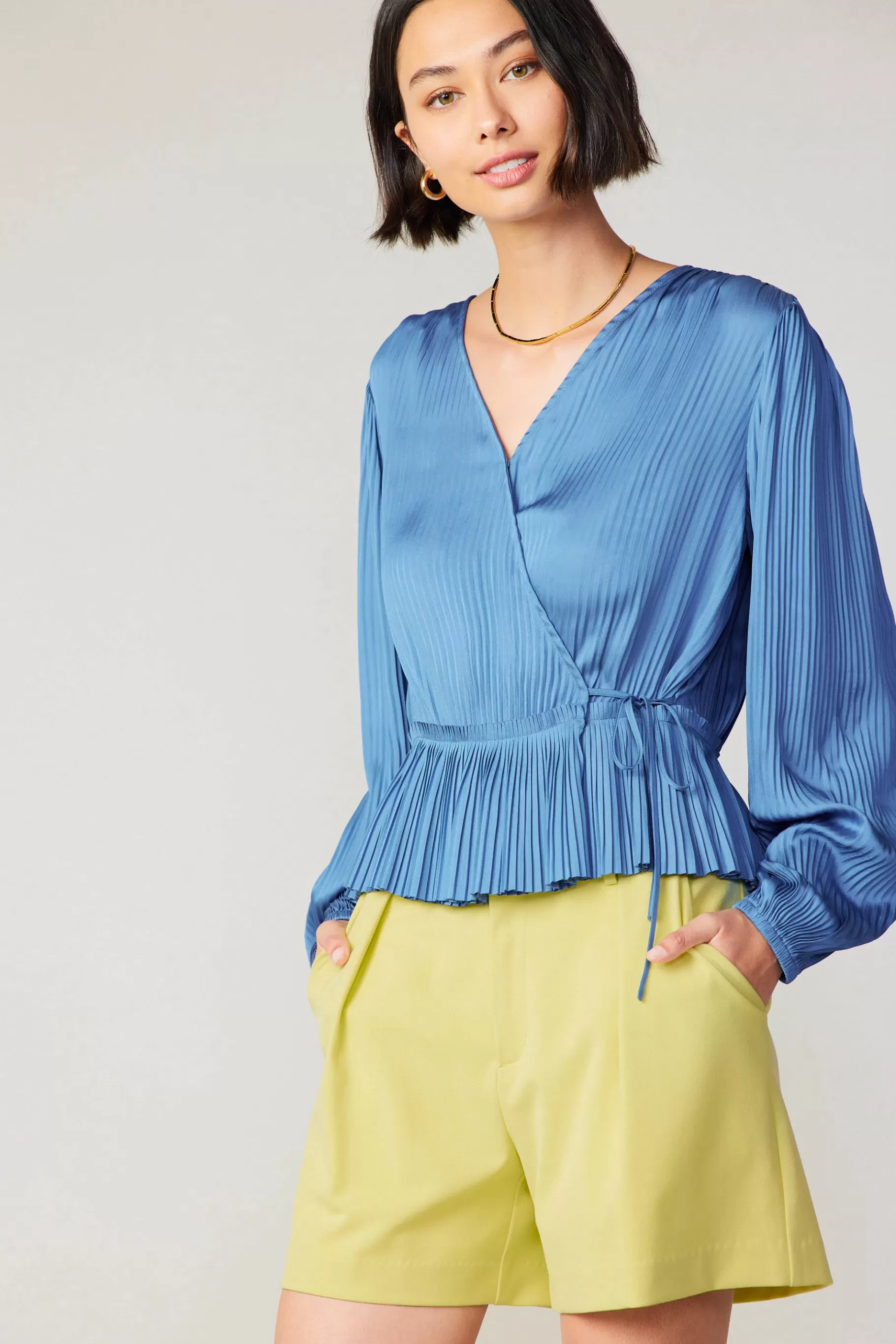 Current Air Long Sleeve Tops>Pleated Wrap Top DUSTYBLUE