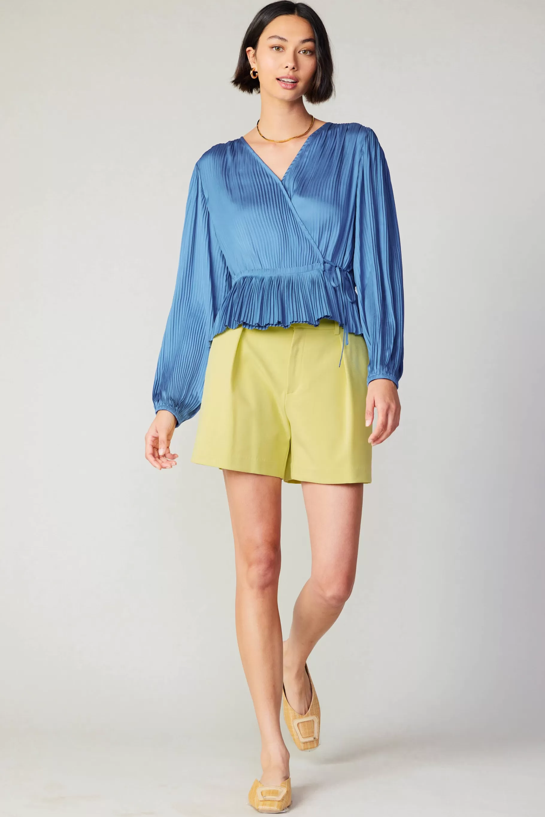 Current Air Long Sleeve Tops>Pleated Wrap Top DUSTYBLUE