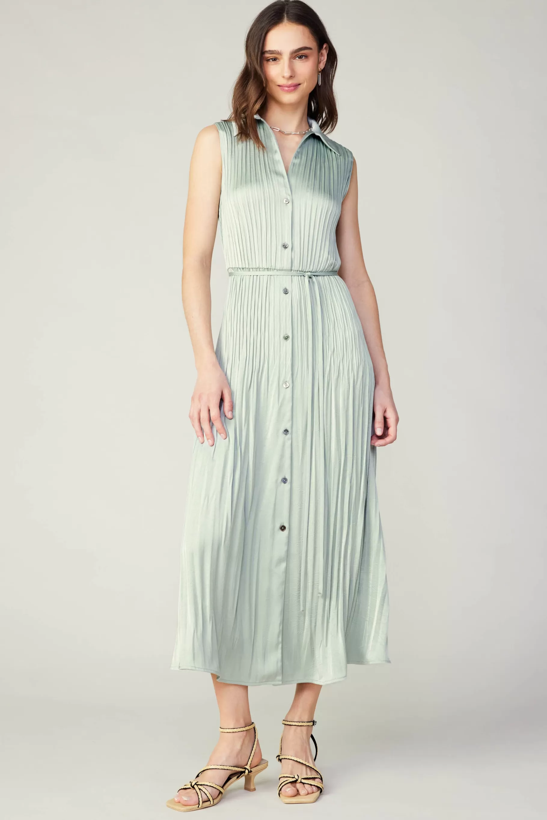Current Air Midi Dresses>Plisse Buttondown Dress SILVERSAGE