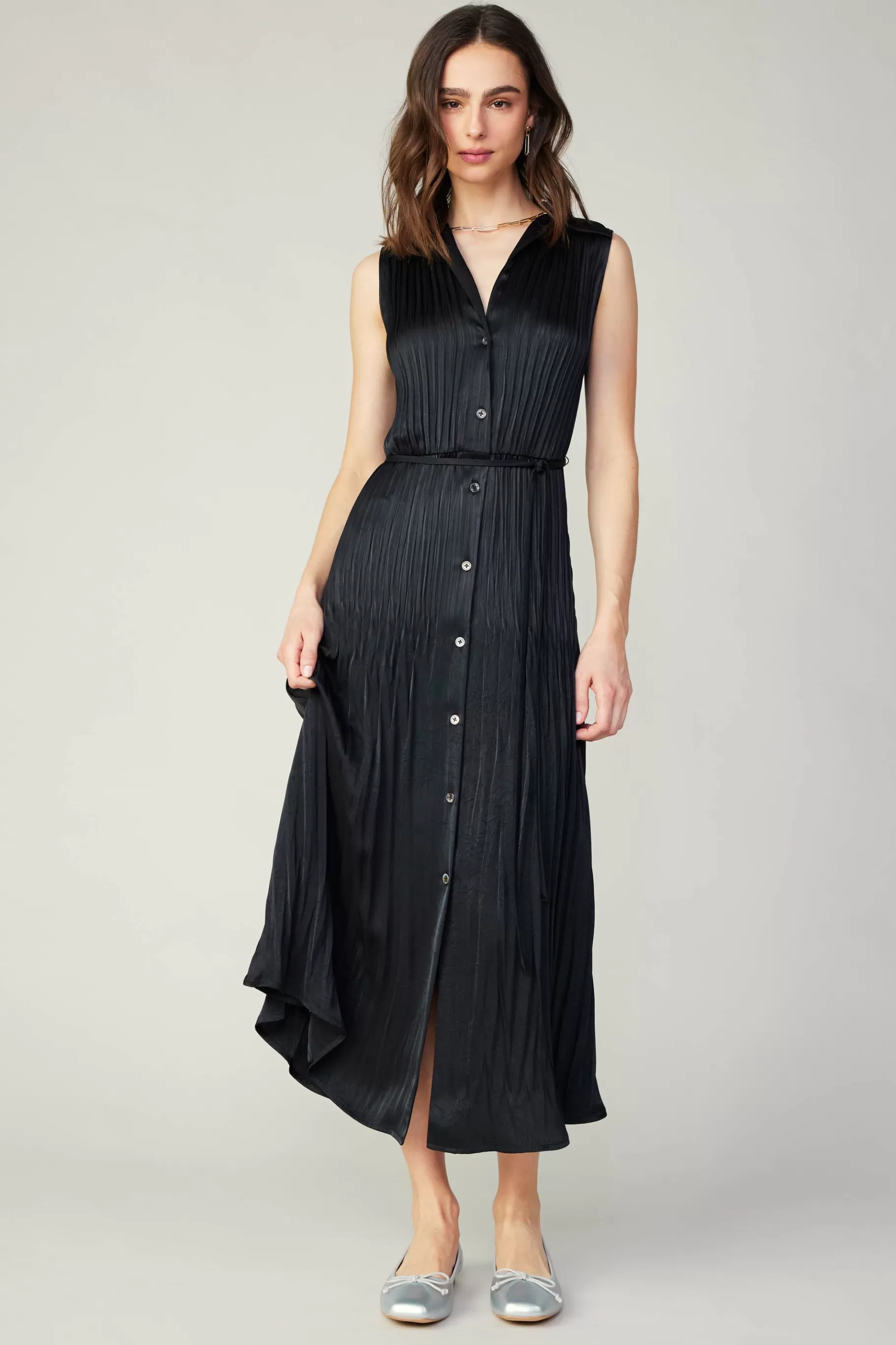 Current Air Midi Dresses>Plisse Buttondown Dress BLACK