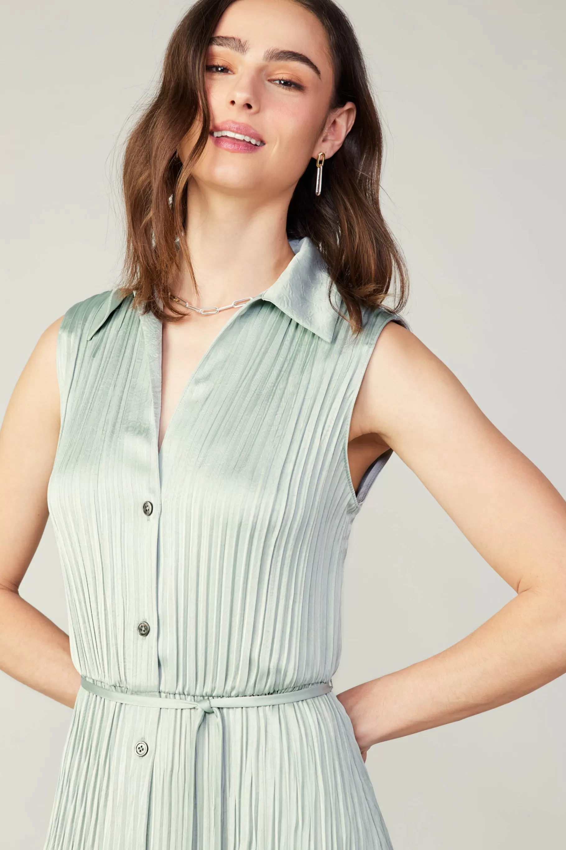 Current Air Midi Dresses>Plisse Buttondown Dress SILVERSAGE