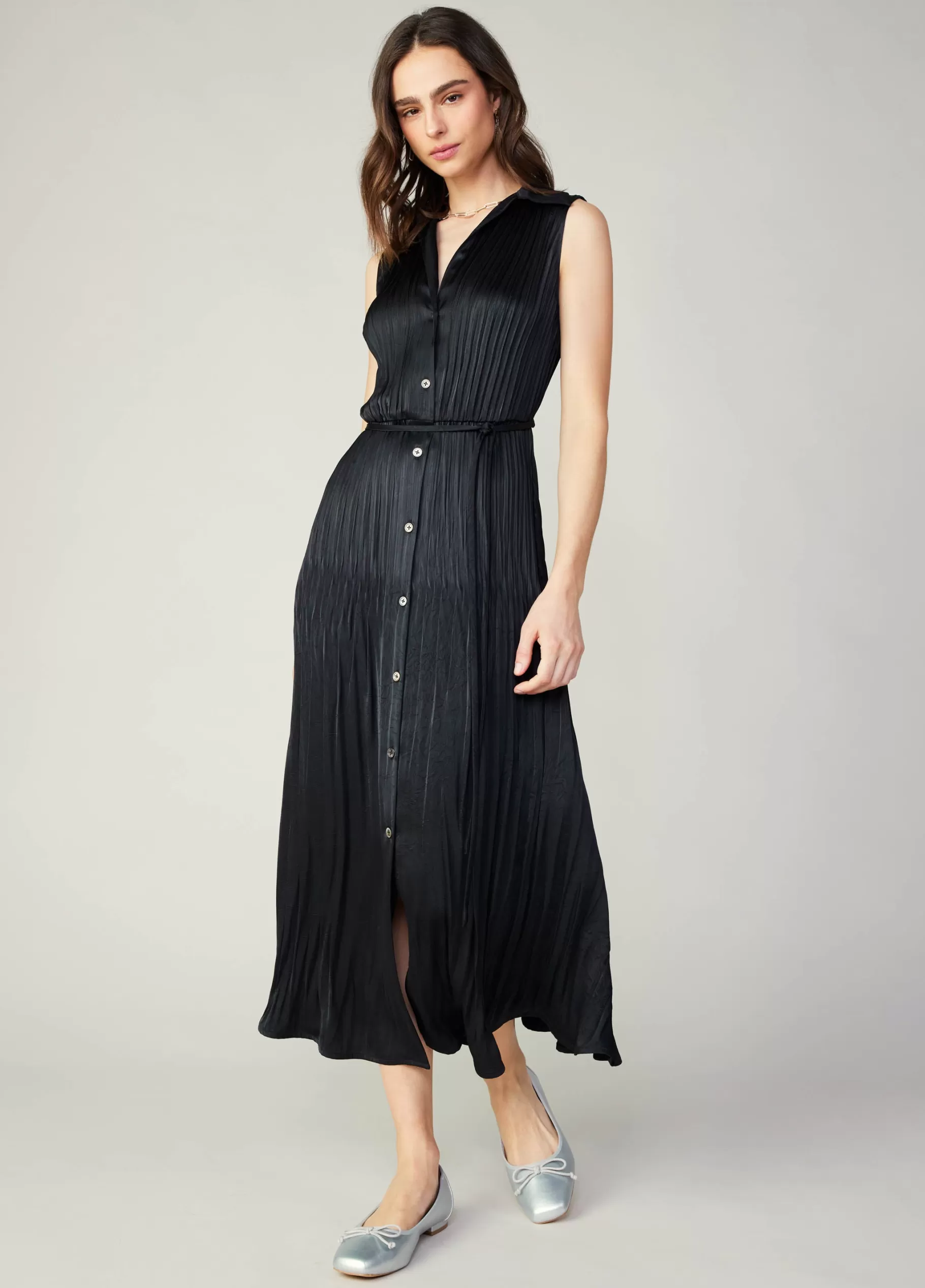 Current Air Midi Dresses>Plisse Buttondown Dress BLACK