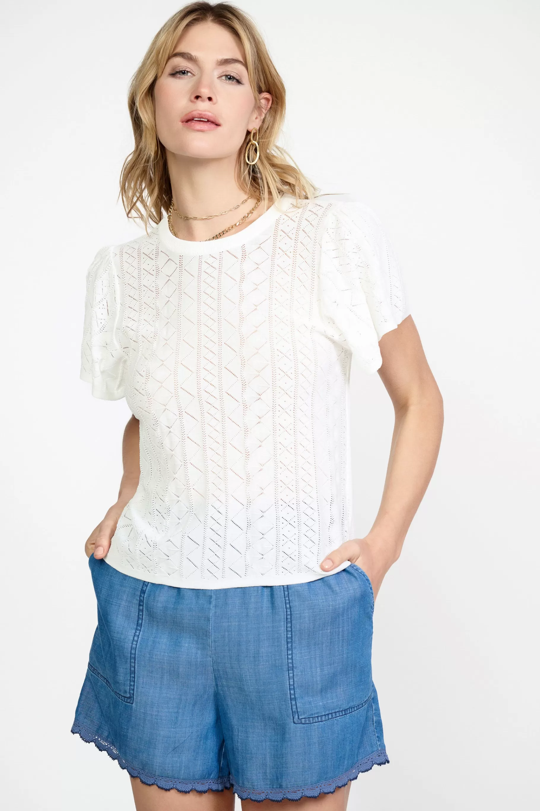 Current Air Short Sleeve Tops | Sweaters>Pointelle Knit Sweater Top WHITE