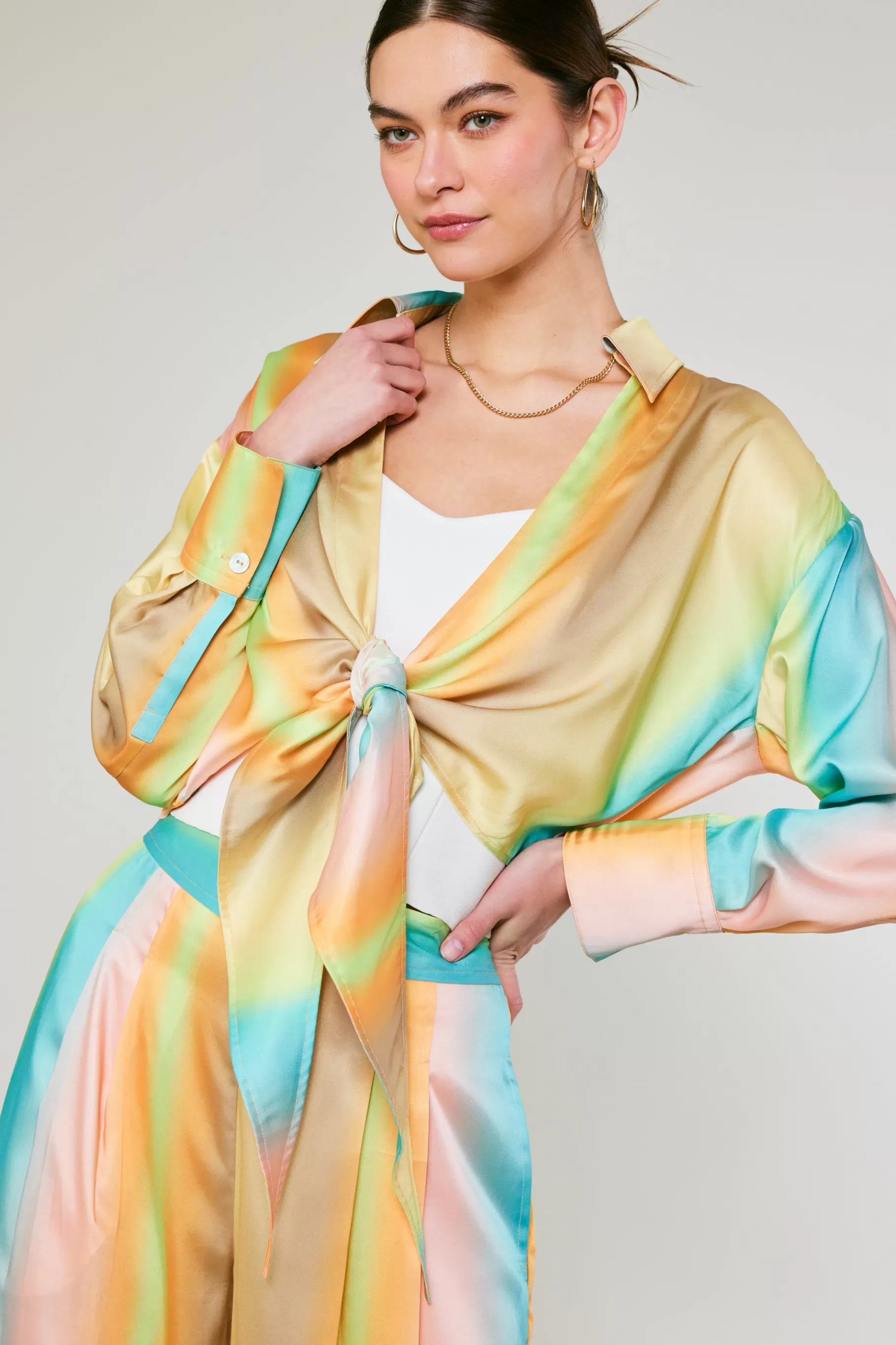 Current Air Long Sleeve Tops>Prismatic Gradient Front Tie Shirt DESERTRAINBOW