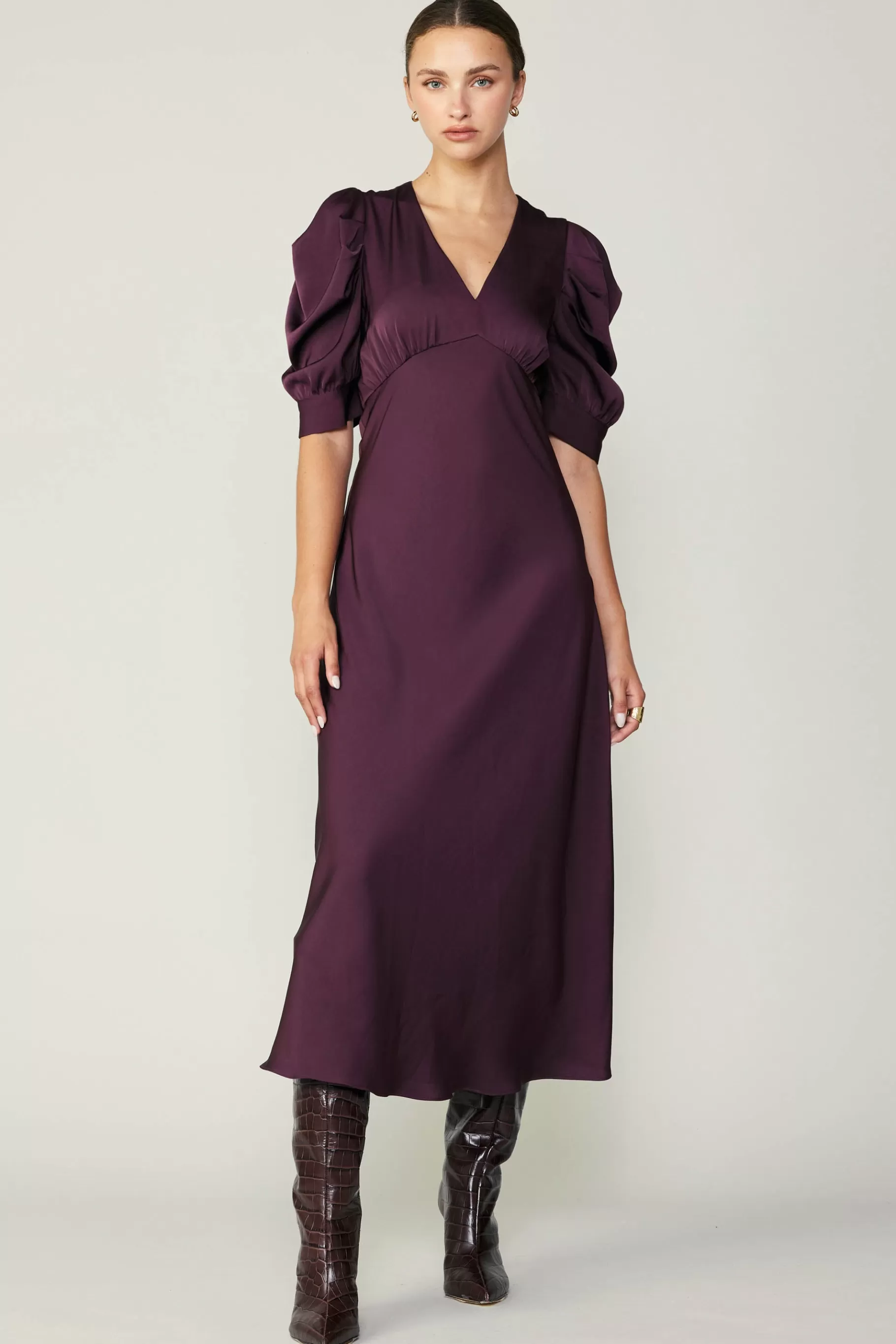 Current Air Midi Dresses>Puff Sleeve Midi Dress MIDNIGHTPLUM