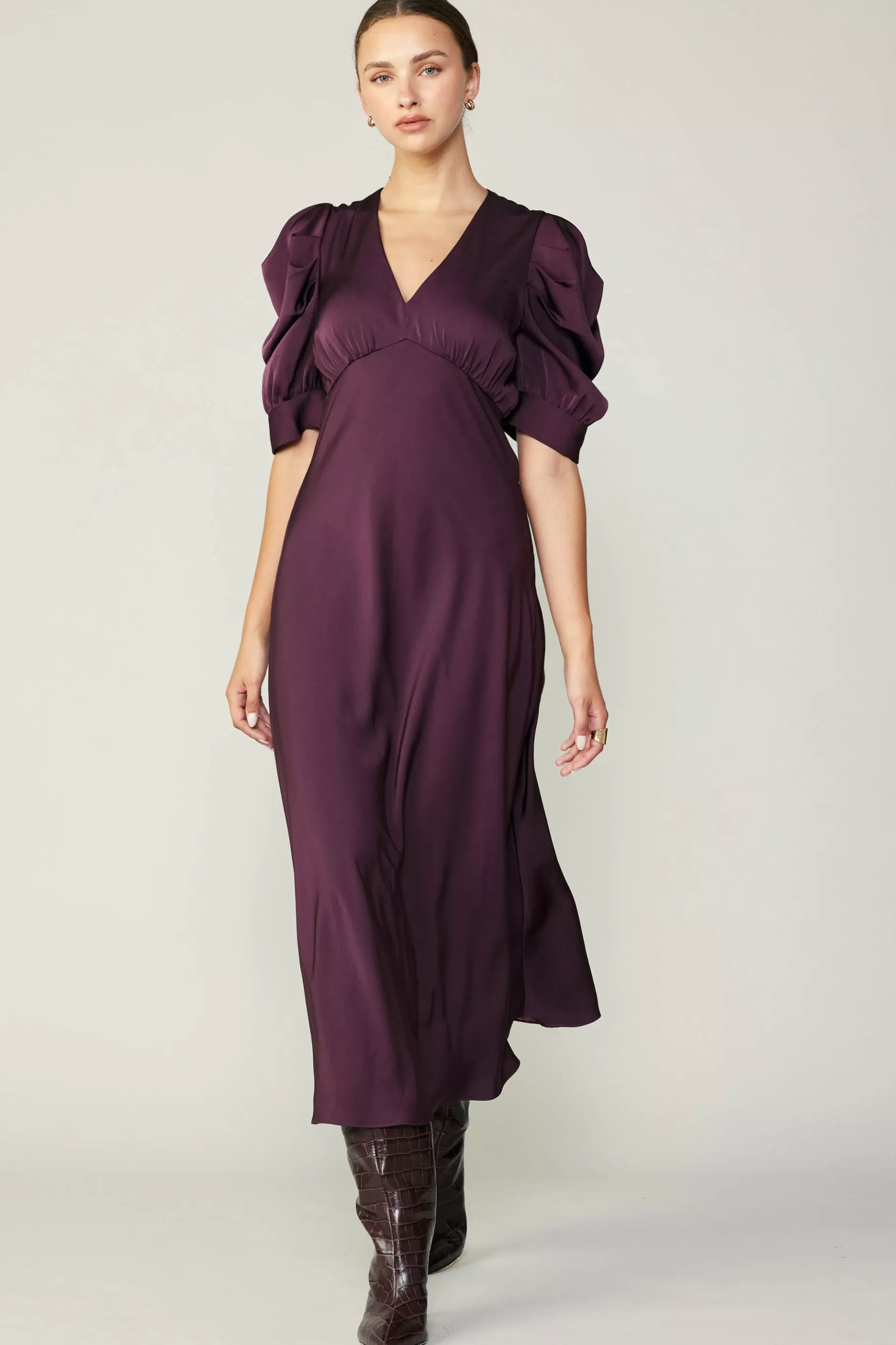 Current Air Midi Dresses>Puff Sleeve Midi Dress MIDNIGHTPLUM