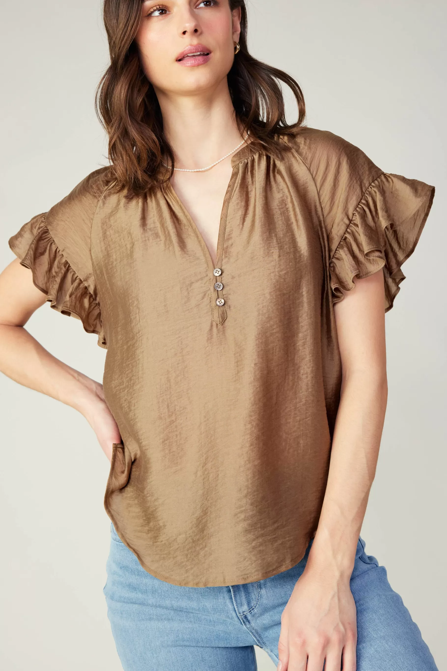 Current Air Short Sleeve Tops>Raglan Sleeve Button Blouse LATTE