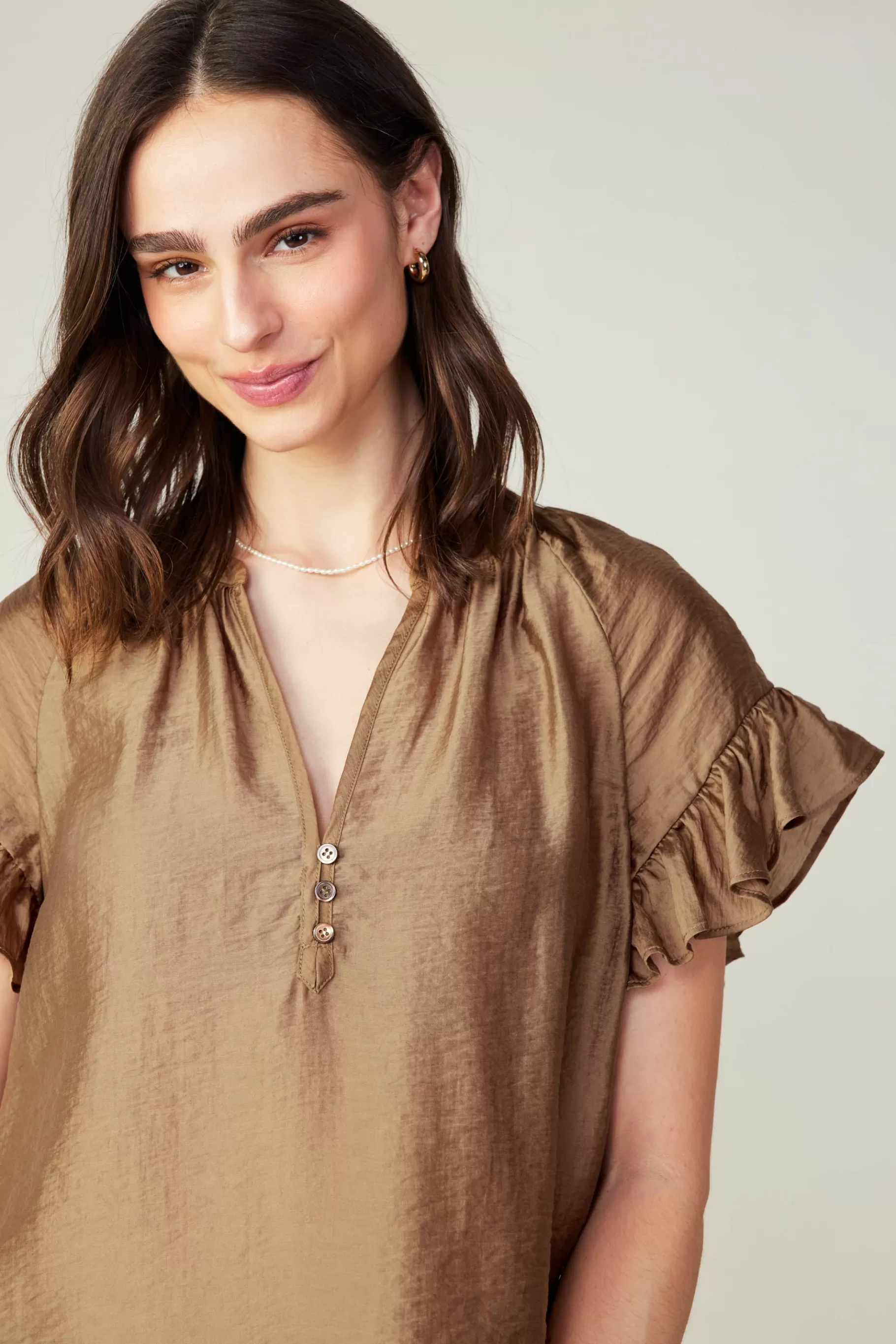 Current Air Short Sleeve Tops>Raglan Sleeve Button Blouse LATTE