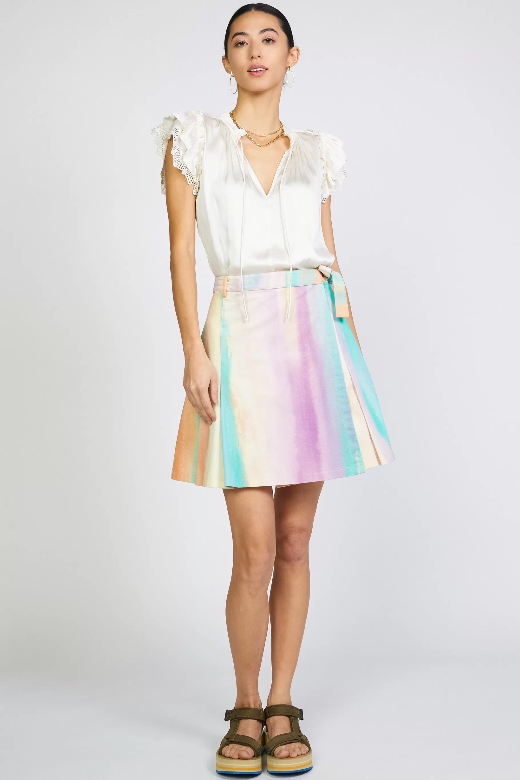 Current Air Skirts>Rainbow Painterly Pleated Skirt MULTI
