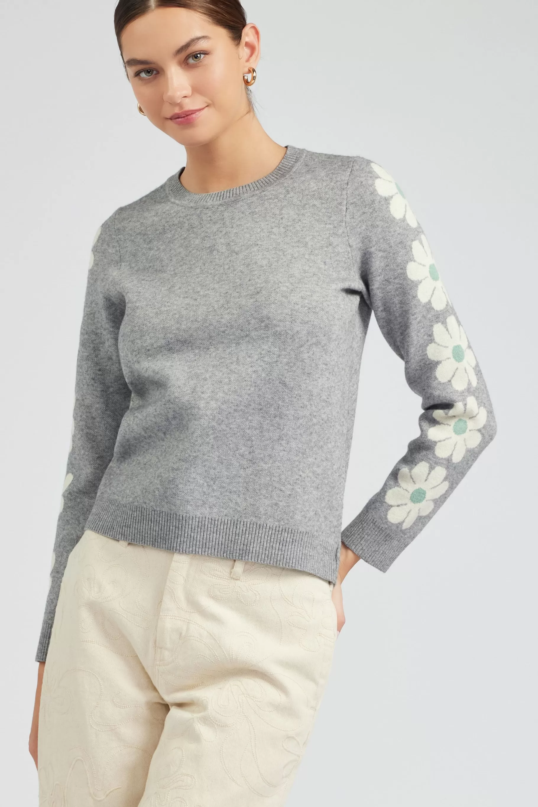 Current Air Knitwear | Sweaters>Retro Daisy Motif Sweater HEATHERGREY
