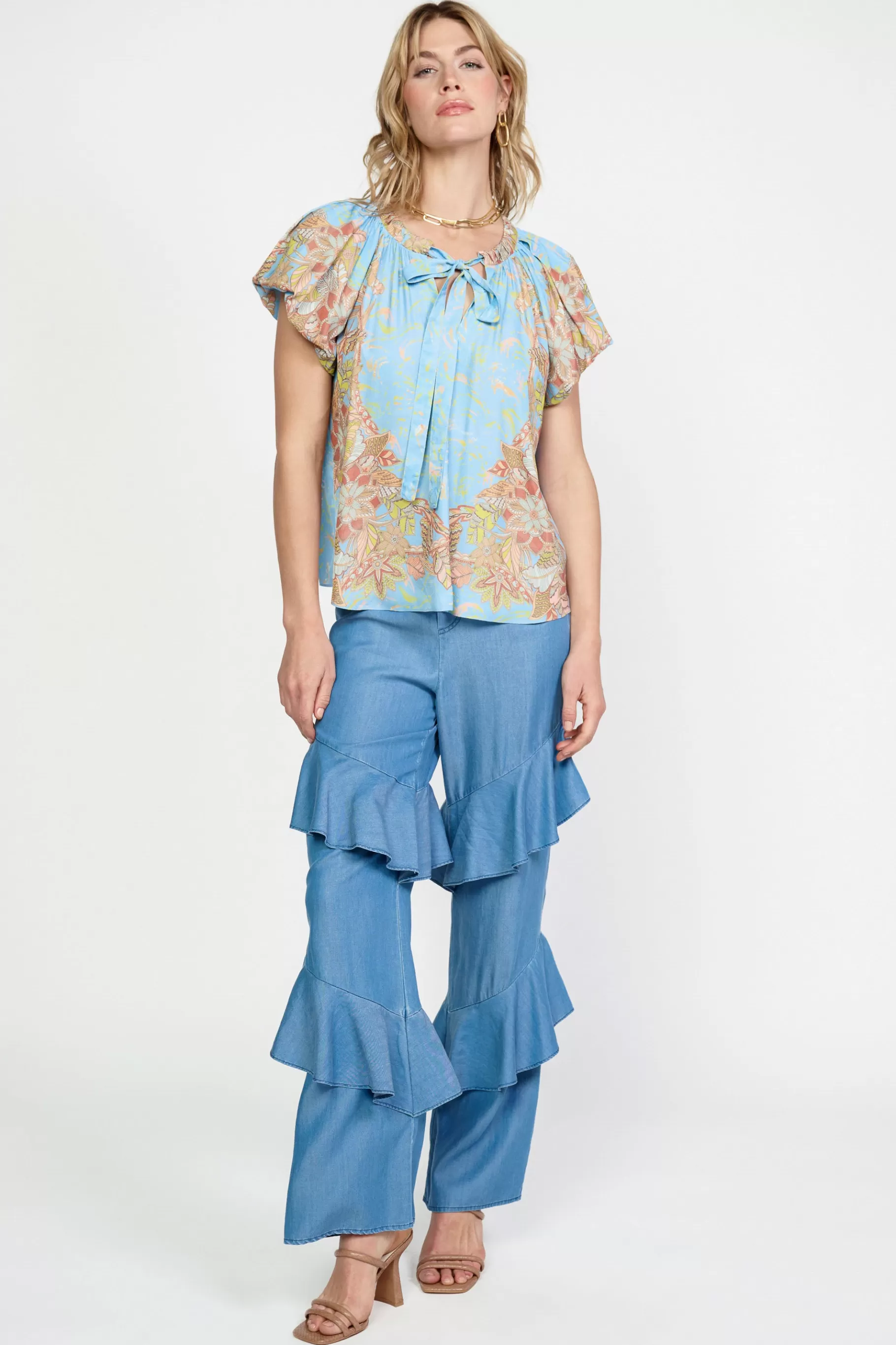Current Air Short Sleeve Tops>Retro Floral Bubble Sleeve Top SKY