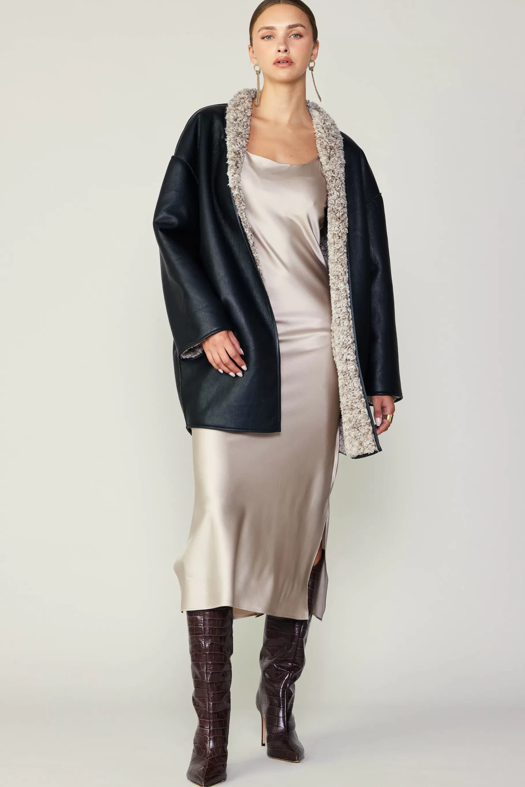 Current Air Coats & Jackets>Reversible Faux Fur & Leather Coat BLACK