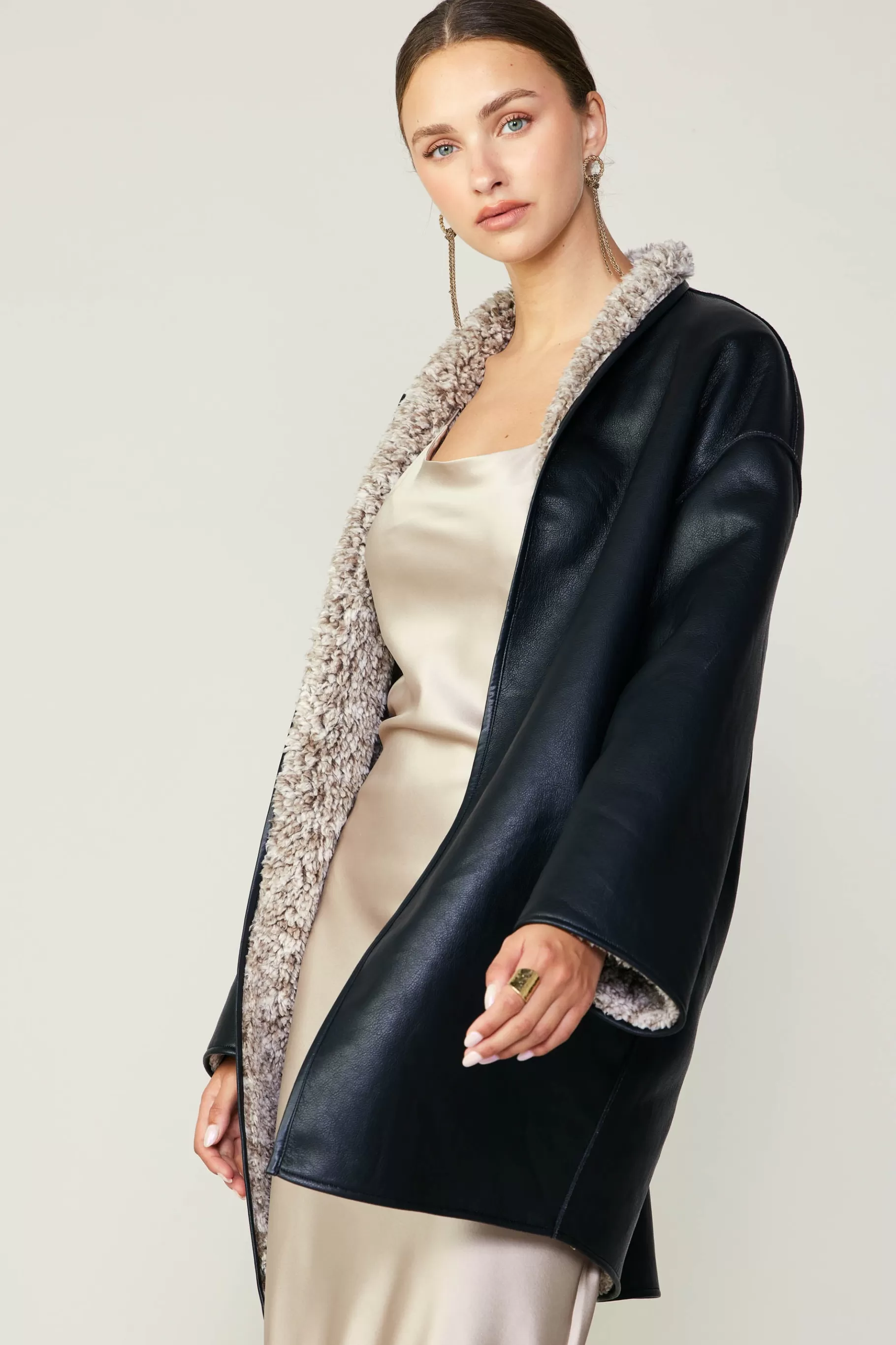 Current Air Coats & Jackets>Reversible Faux Fur & Leather Coat BLACK