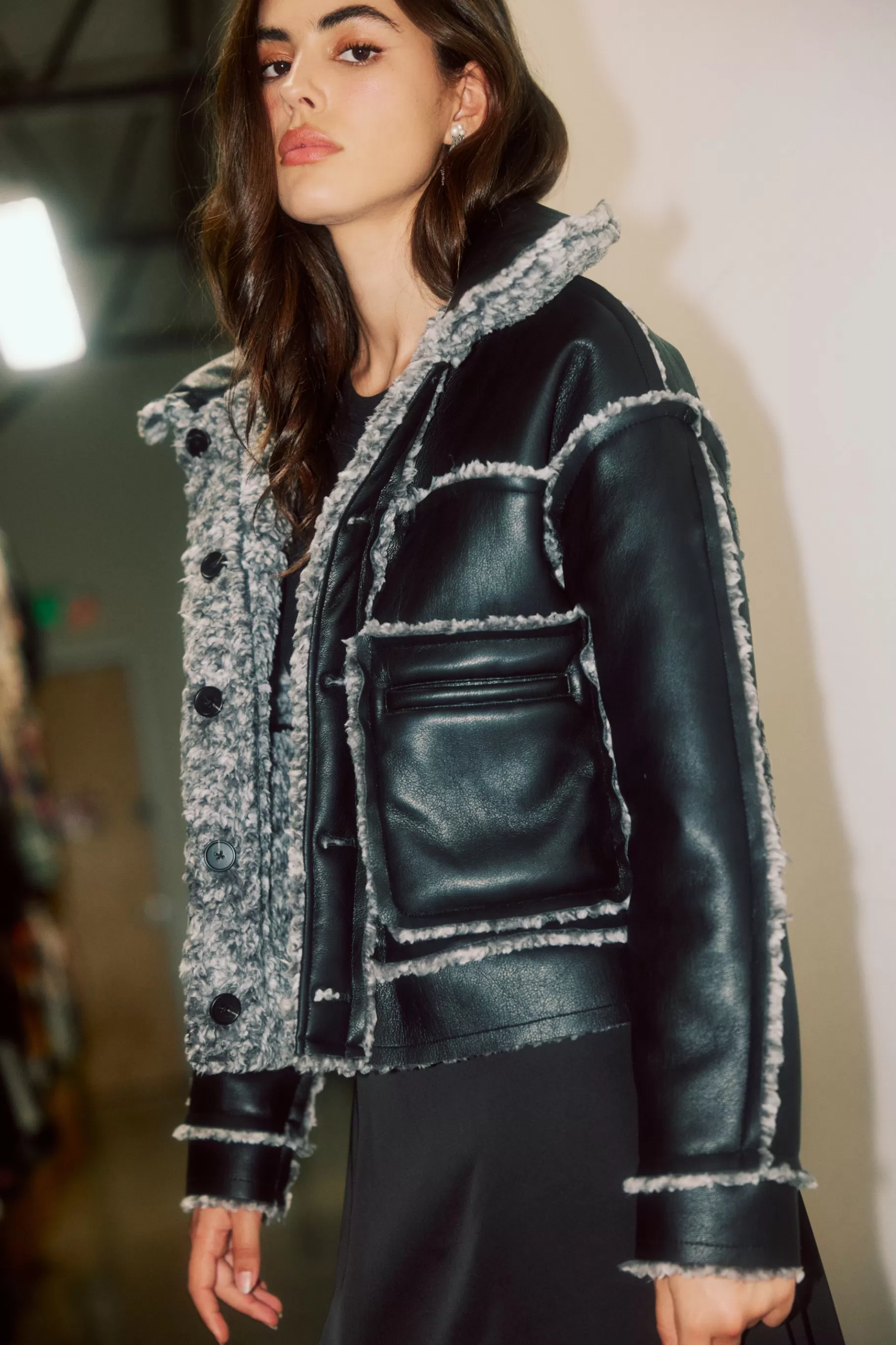 Current Air Coats & Jackets>Reversible Vegan Leather Shearling Jacket BLACK