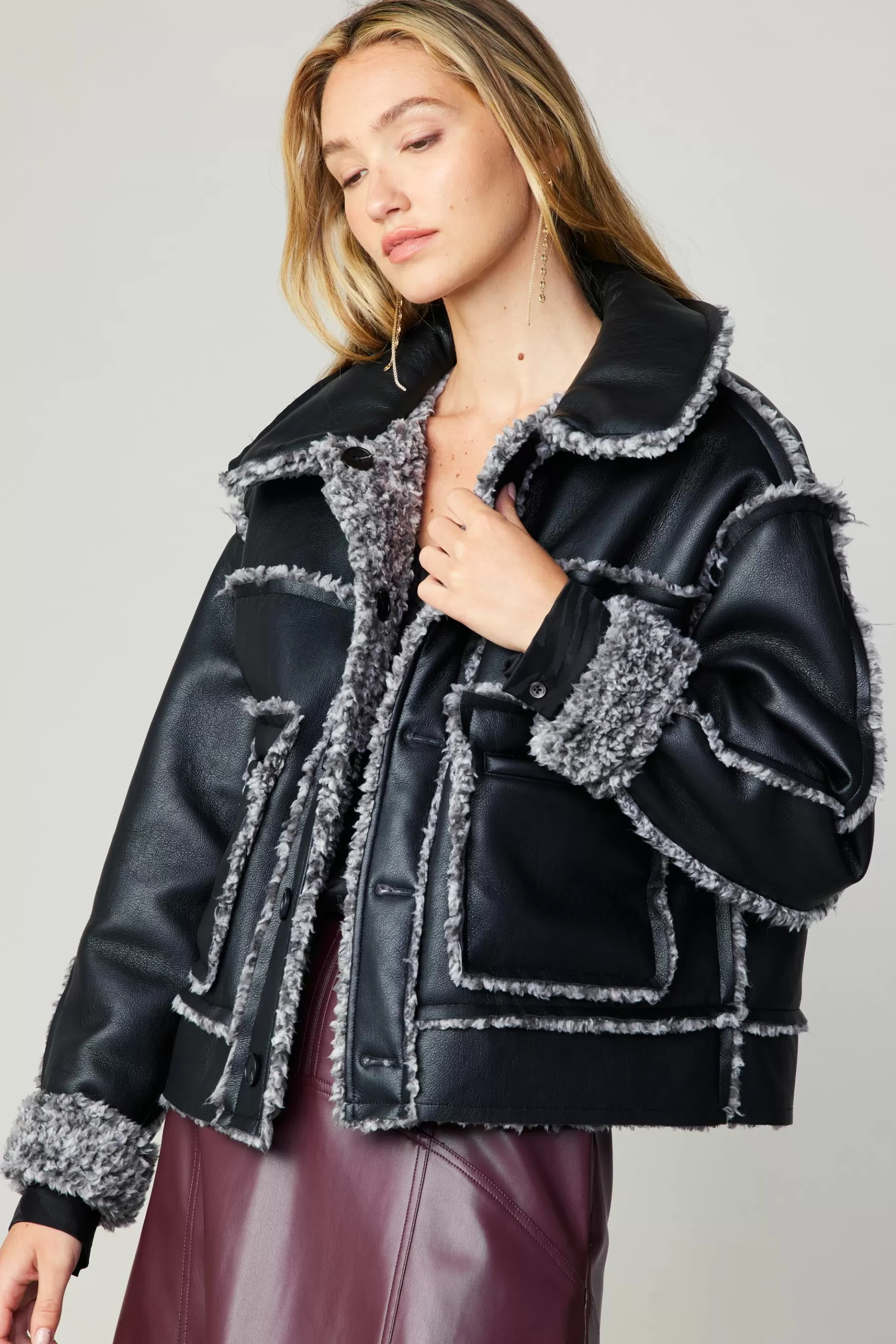 Current Air Coats & Jackets>Reversible Vegan Leather Shearling Jacket BLACK