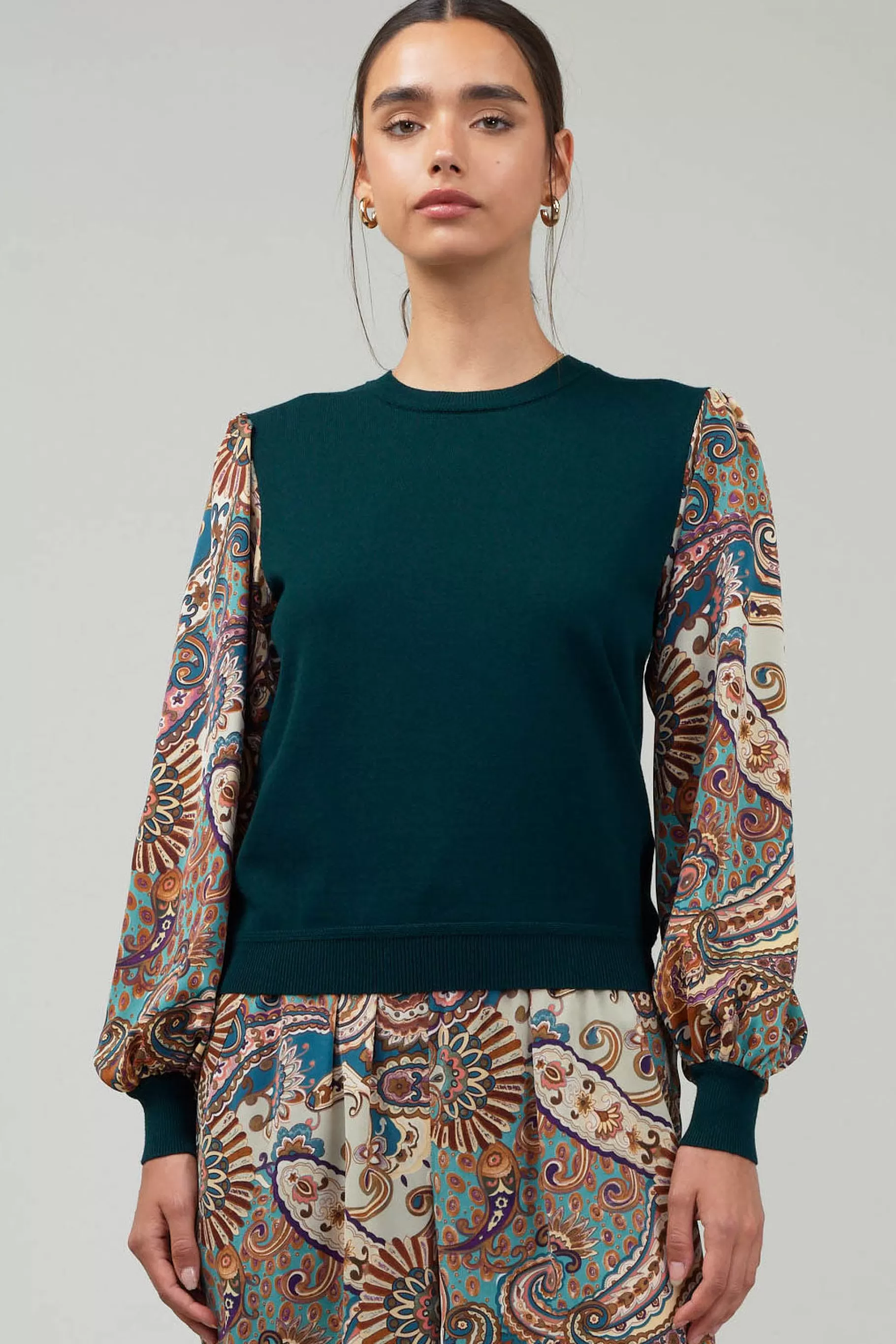 Current Air Knitwear | Sweaters>Ribbed Contrast Sleeve top GREENMLT