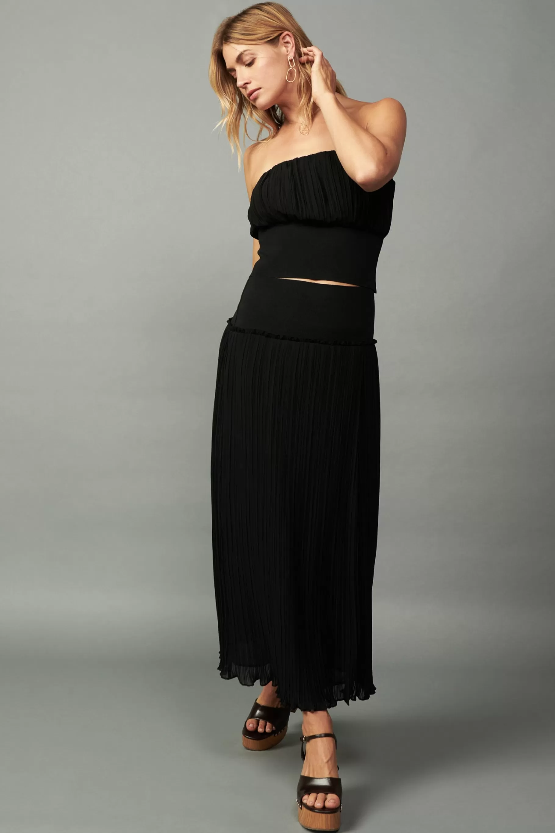 Current Air Skirts>Ribbed Waist Midi Skirt BLACK