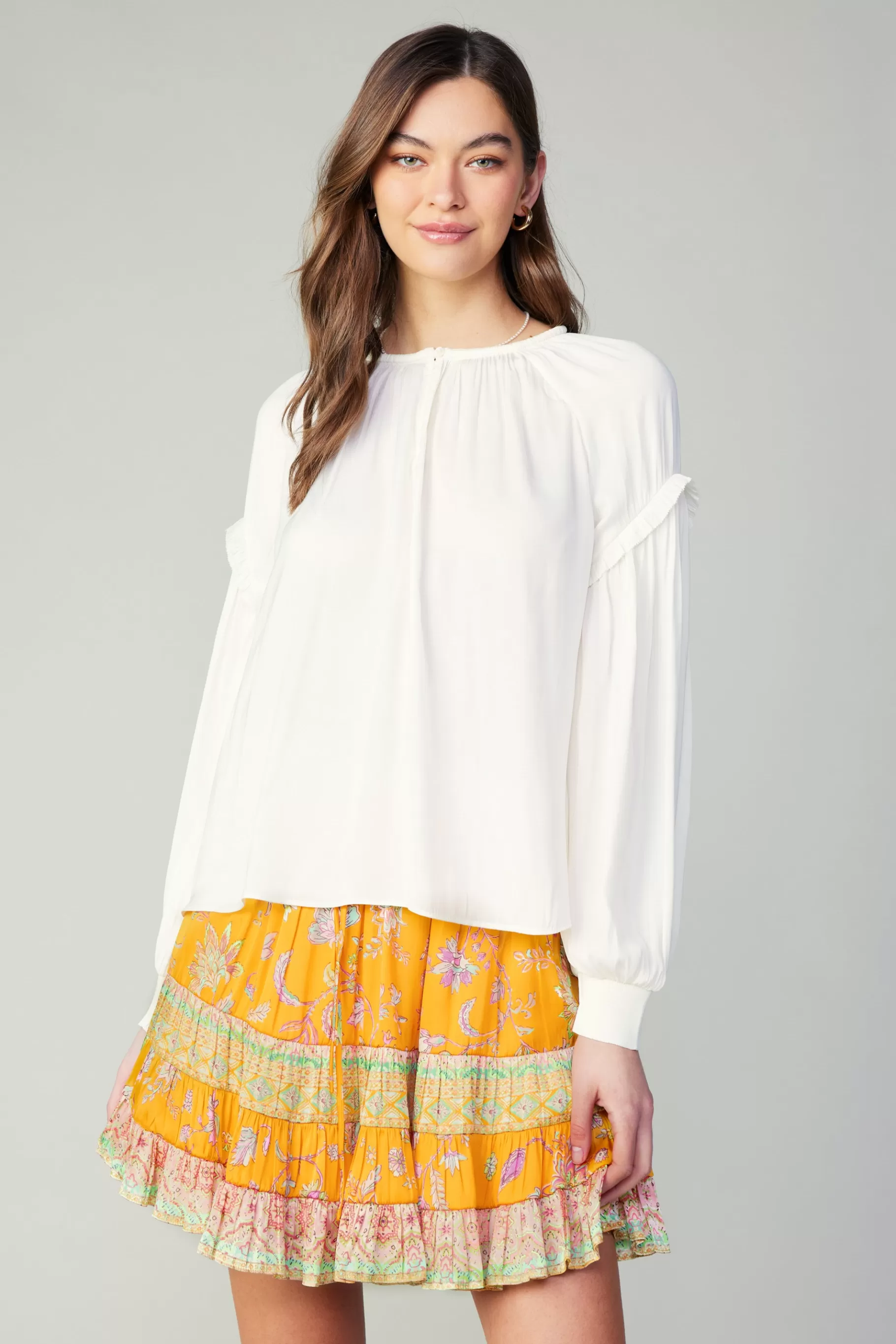 Current Air Long Sleeve Tops>Rope Trim Neckline Blouse CREAM