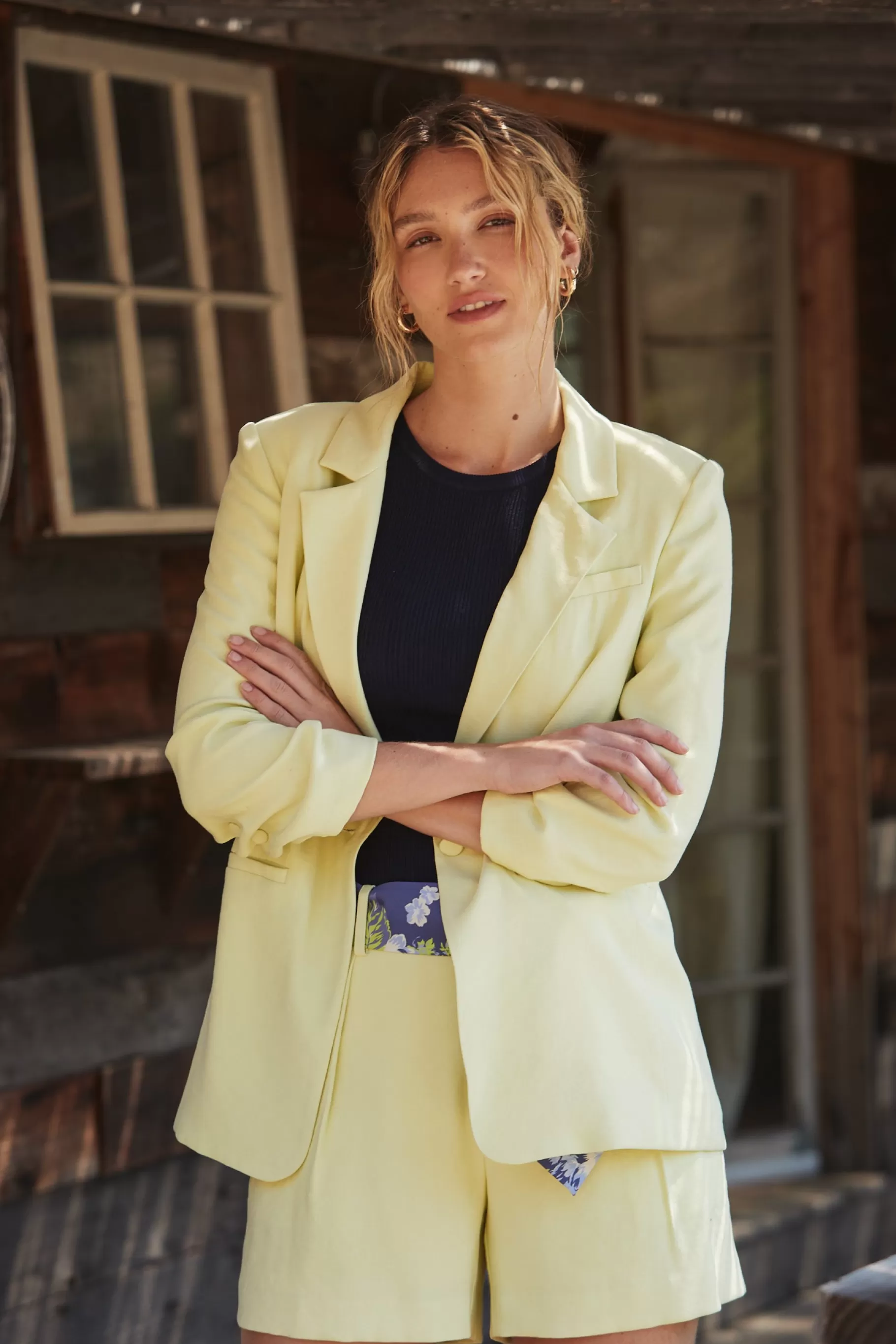 Current Air Coats & Jackets>Ruched Sleeve Blazer LEMON