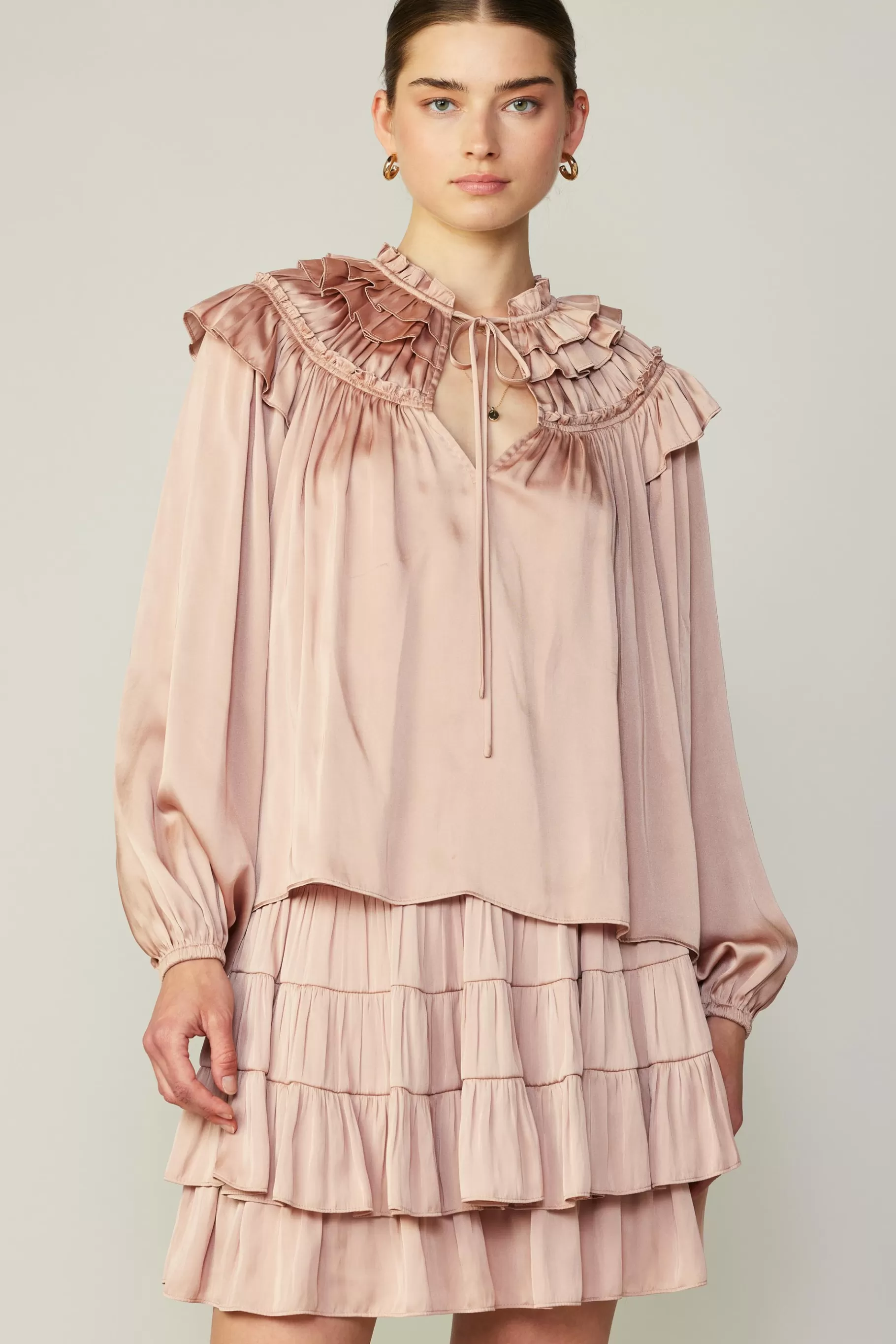 Current Air Long Sleeve Tops>Ruffle Cape Blouse FADEDBLUSH