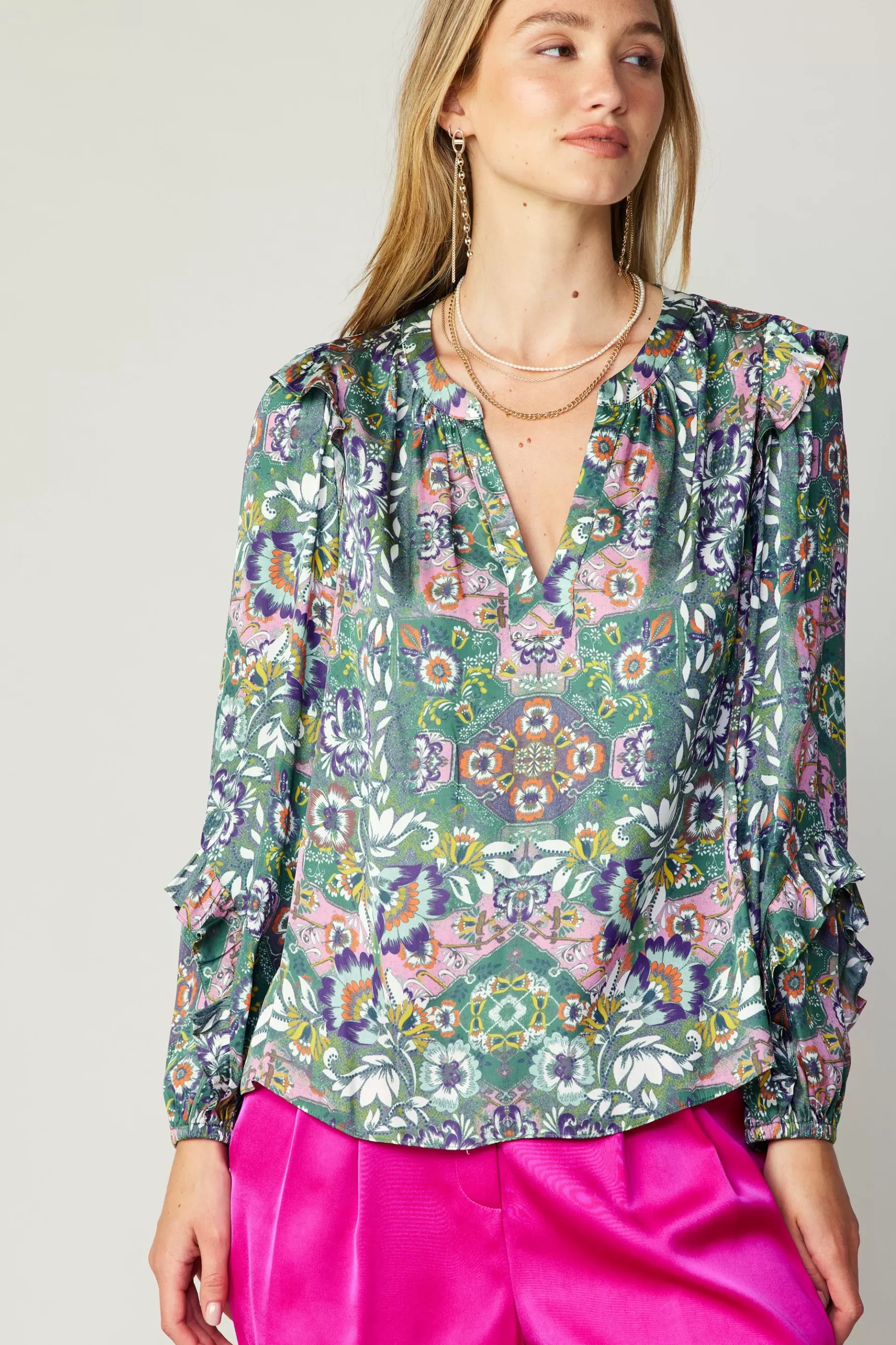 Current Air Long Sleeve Tops>Ruffle Trim Blouse GREENFLORALMLT