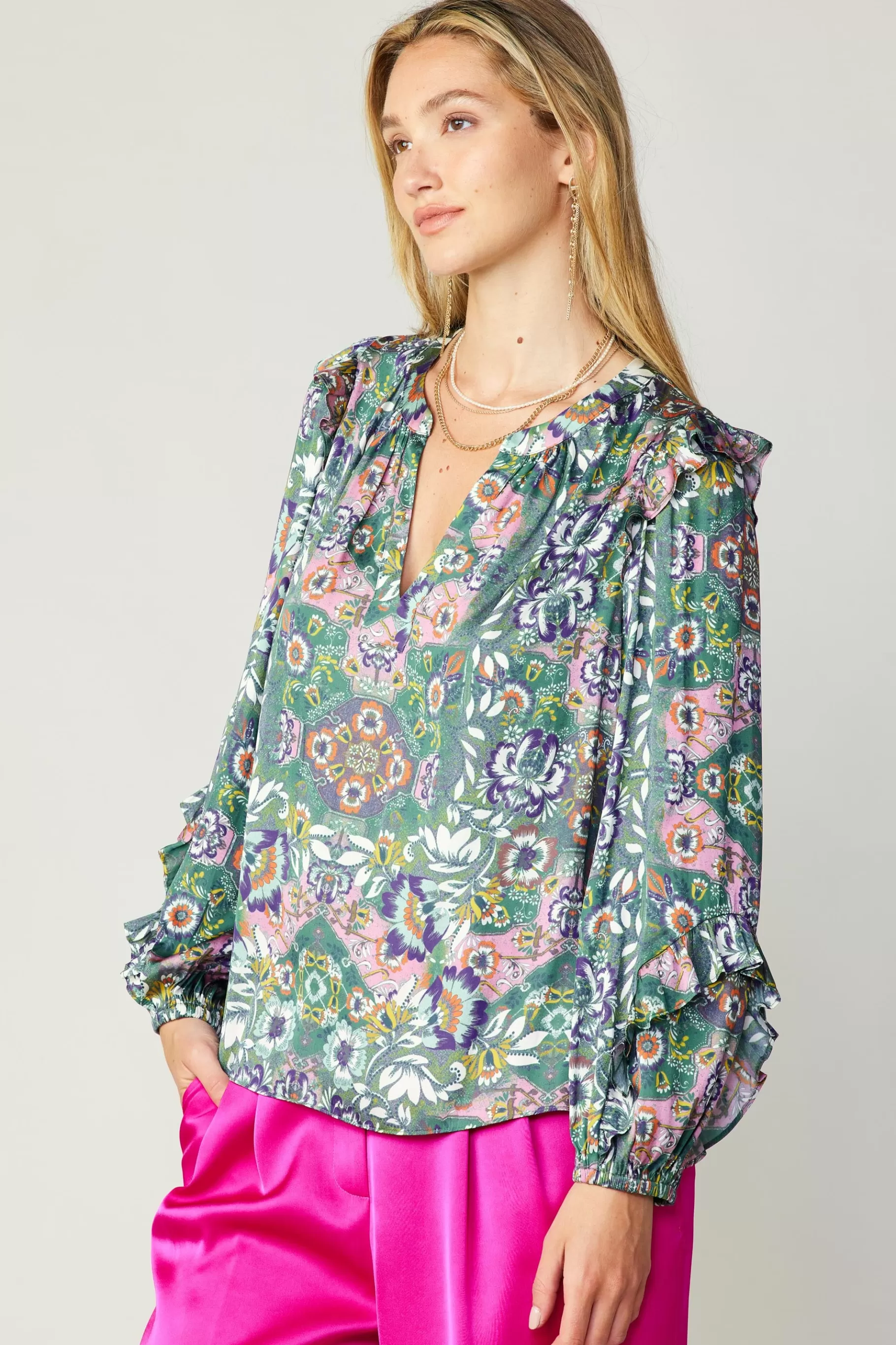 Current Air Long Sleeve Tops>Ruffle Trim Blouse GREENFLORALMLT