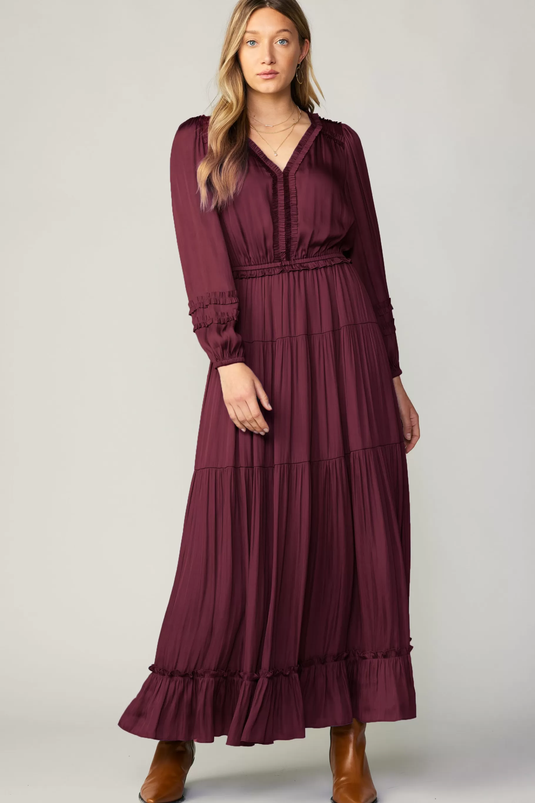 Current Air Maxi Dresses>Ruffle Trim Maxi Dress WINE