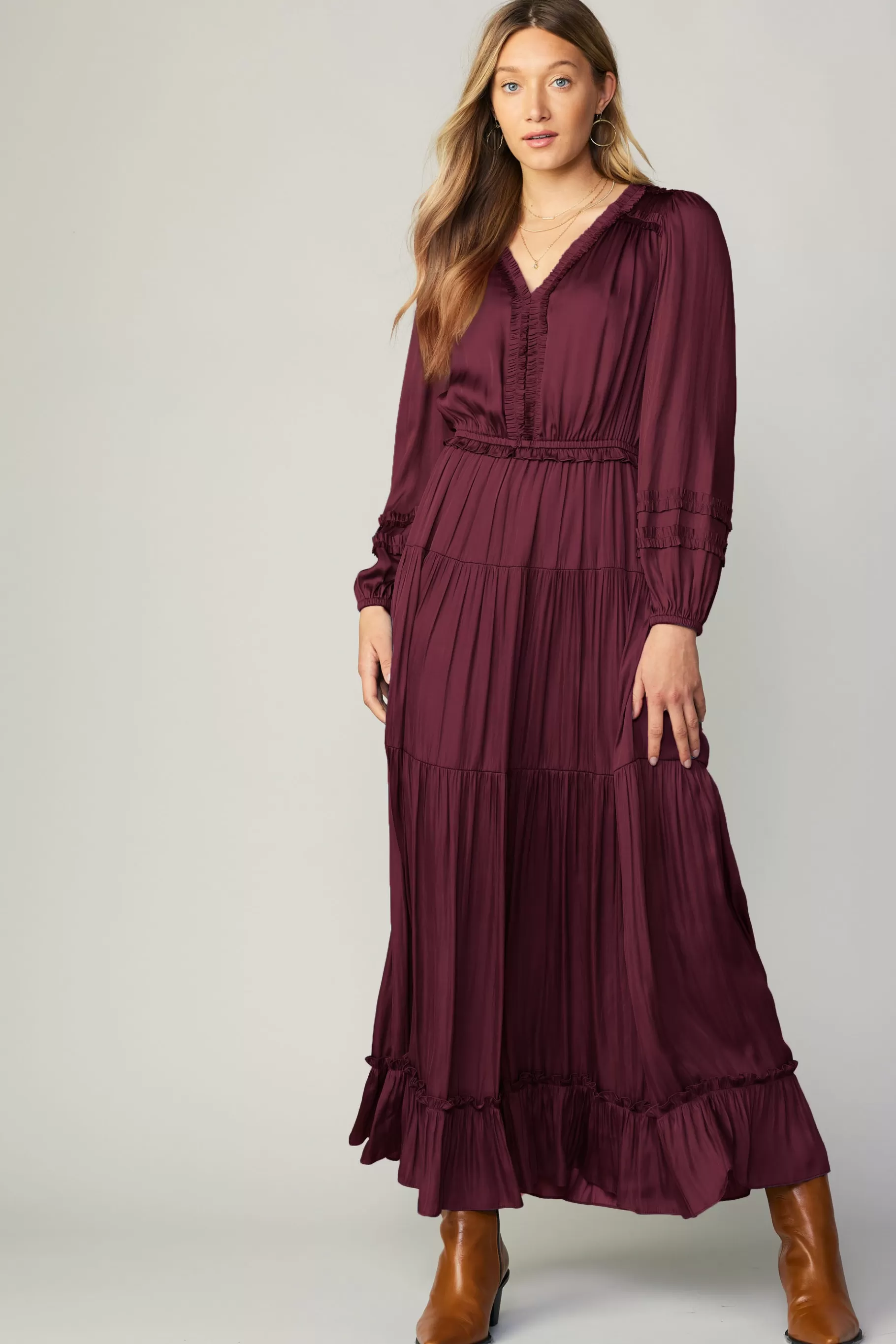 Current Air Maxi Dresses>Ruffle Trim Maxi Dress WINE