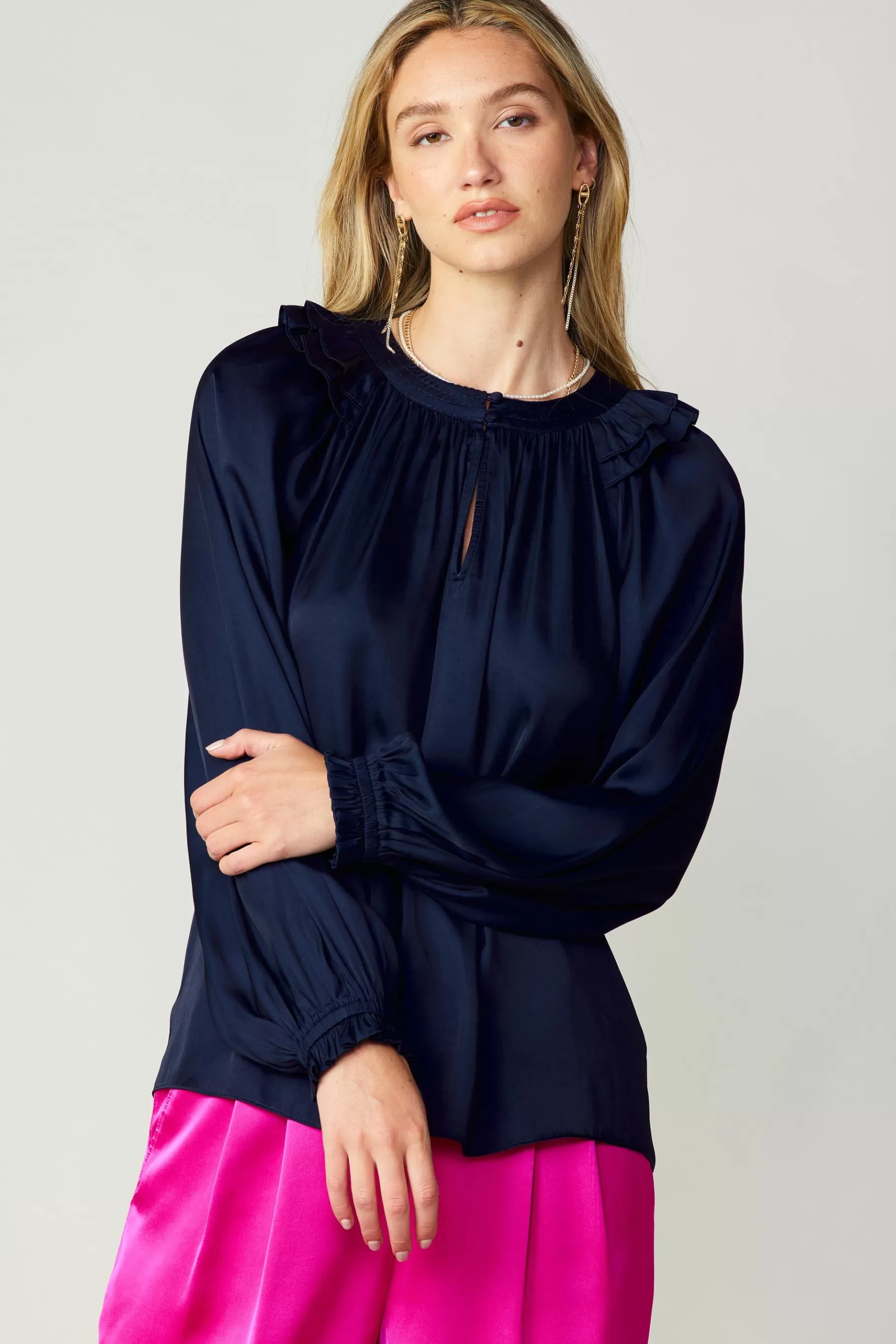 Current Air Long Sleeve Tops>Ruffled Crewneck Blouse NAVY