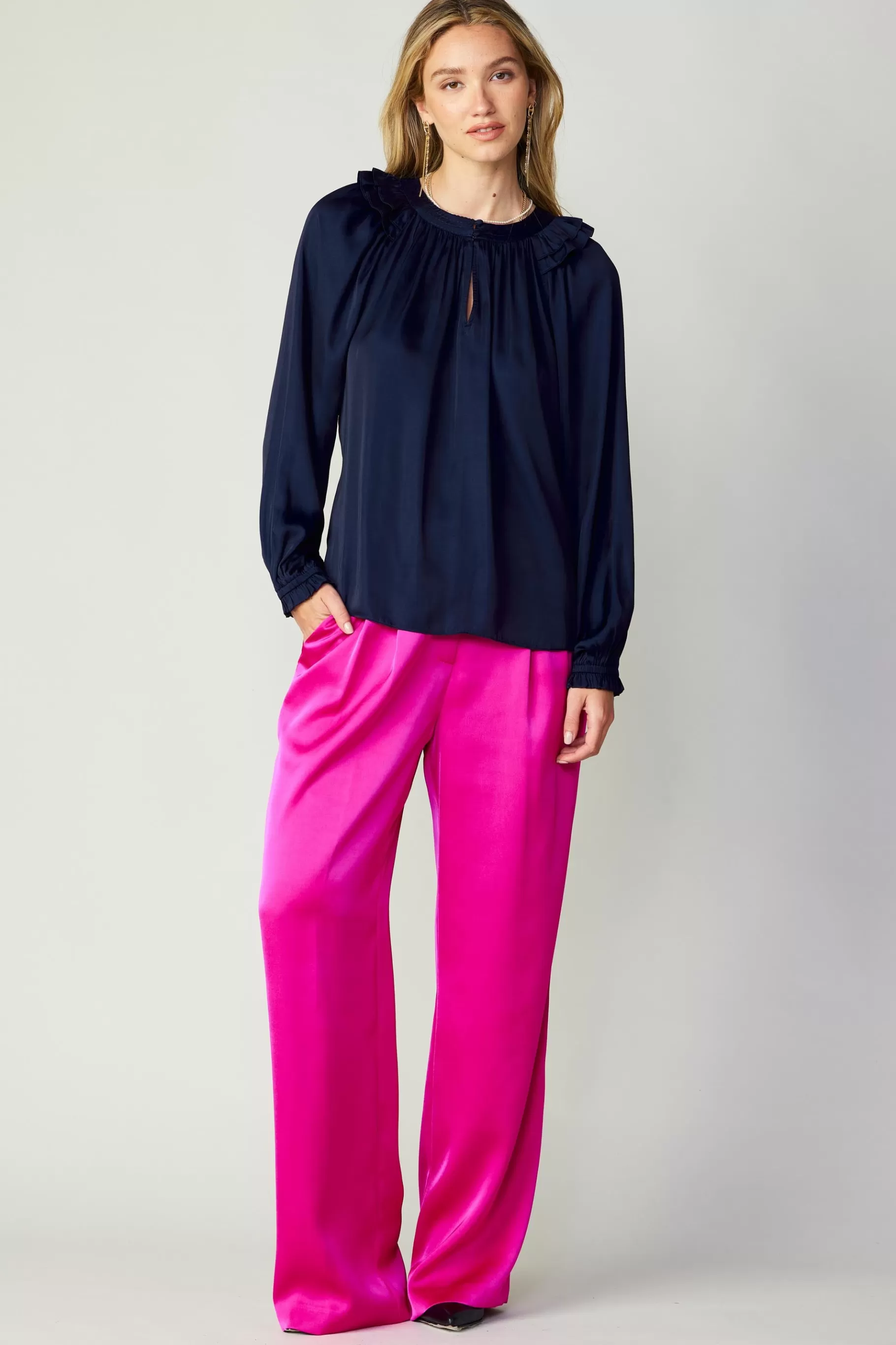 Current Air Long Sleeve Tops>Ruffled Crewneck Blouse NAVY