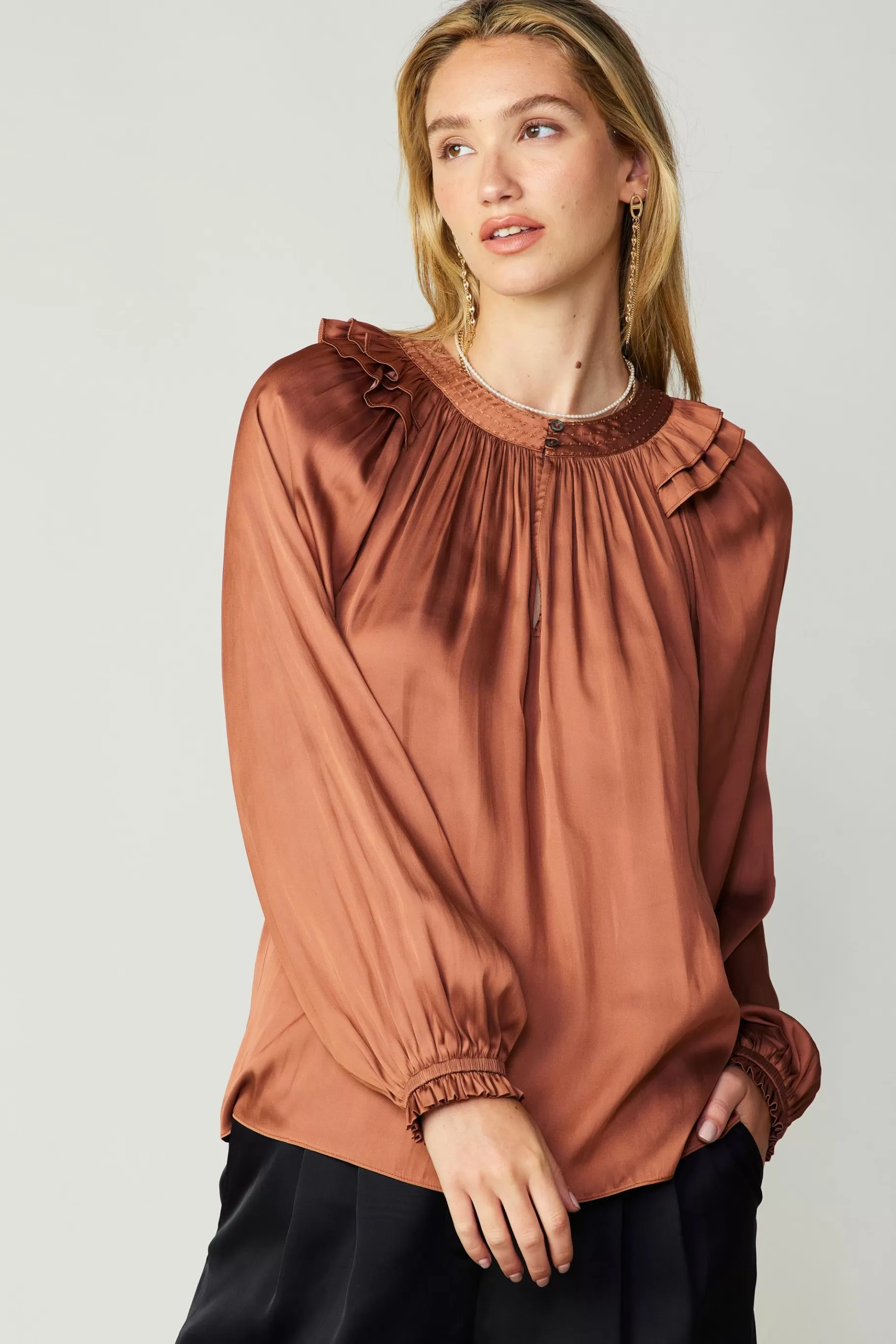 Current Air Long Sleeve Tops>Ruffled Crewneck Blouse AUTUMNCLAY