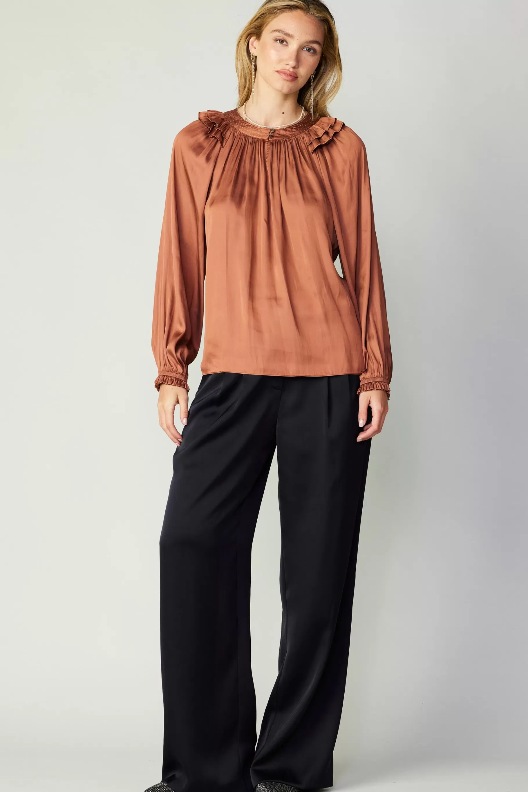 Current Air Long Sleeve Tops>Ruffled Crewneck Blouse AUTUMNCLAY