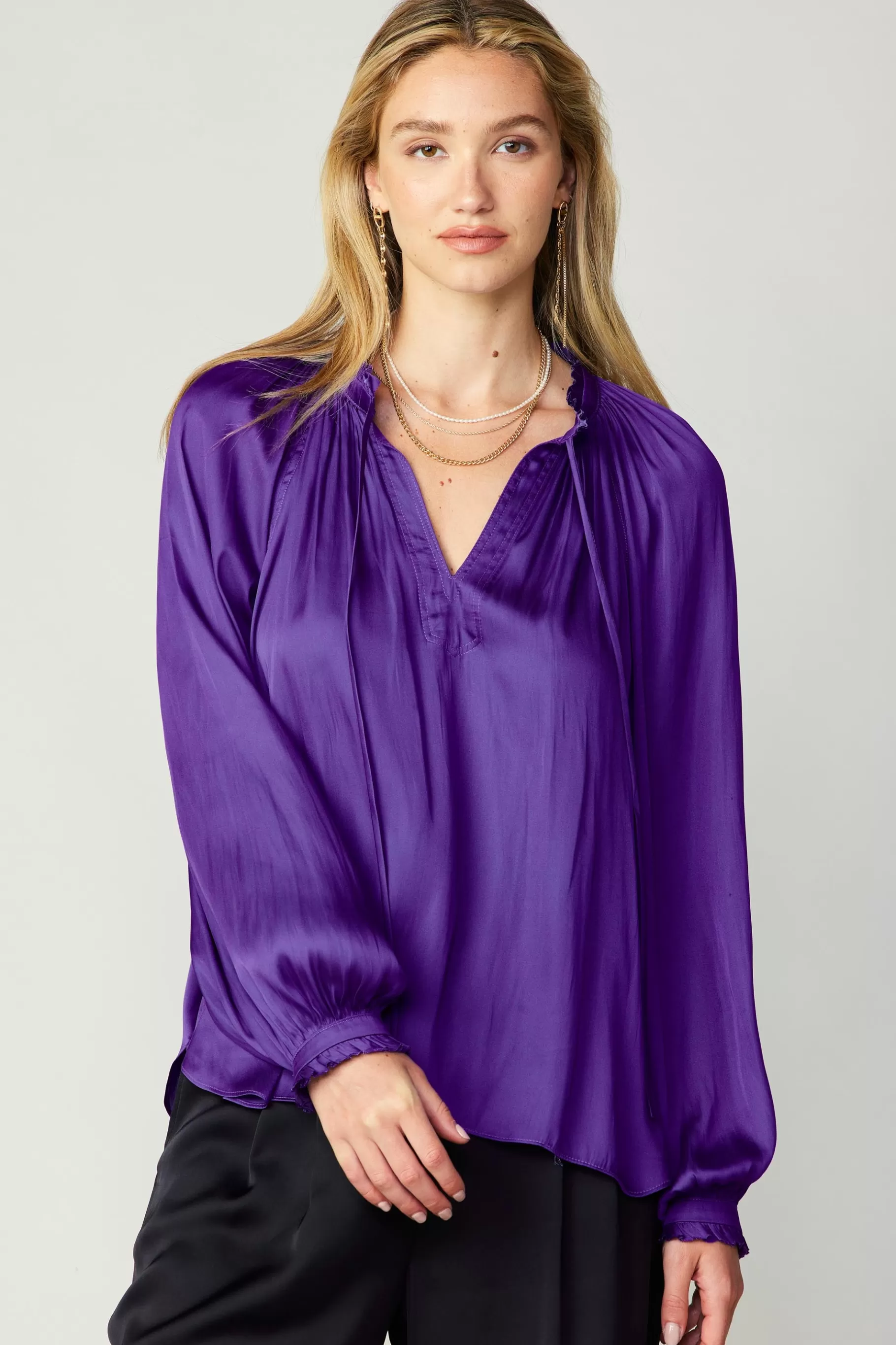 Current Air Long Sleeve Tops>Ruffled Cuff Blouse SPACEPURPLE